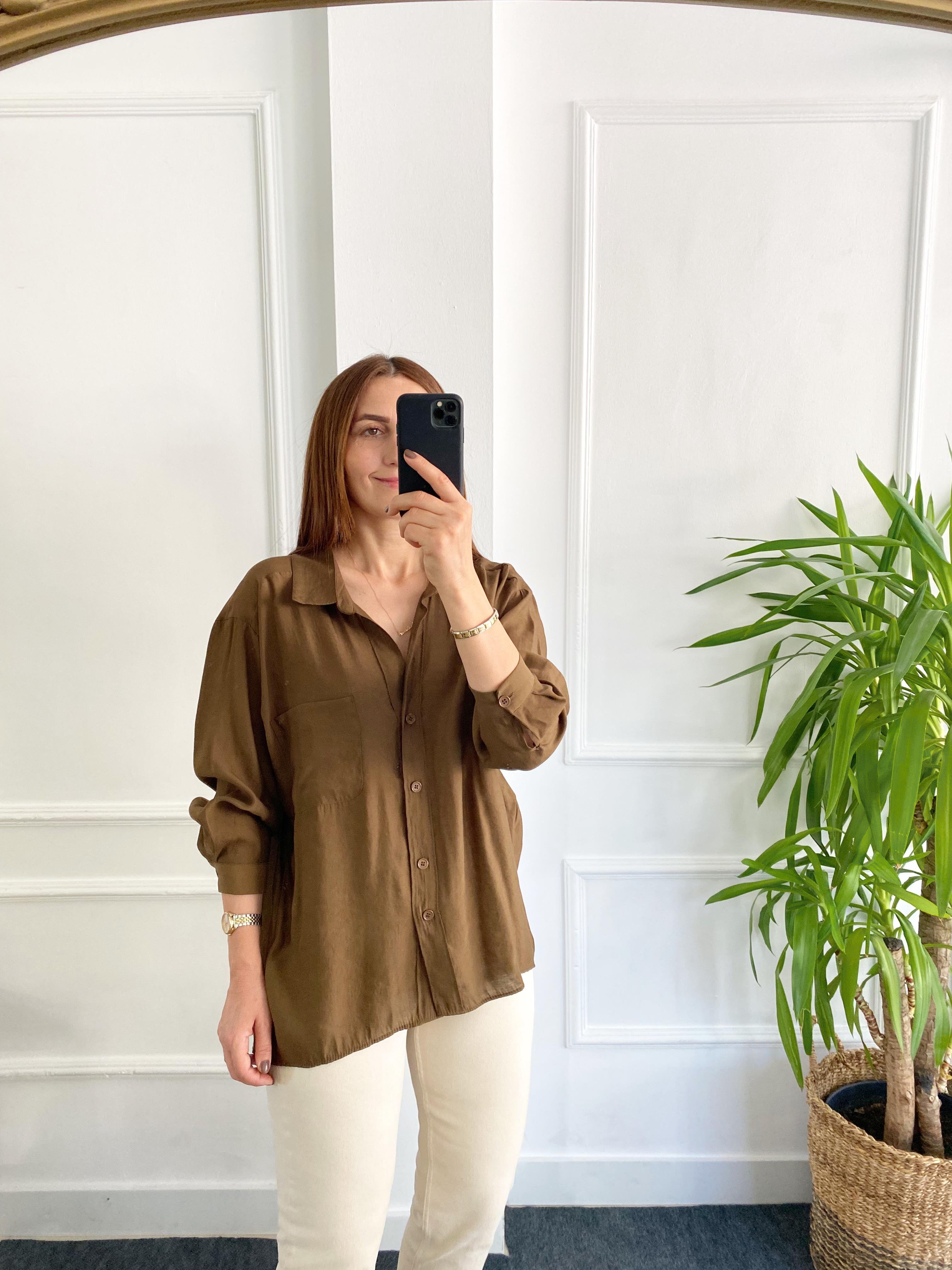 Düşük Omuzlu Oversize Gömlek Kahve