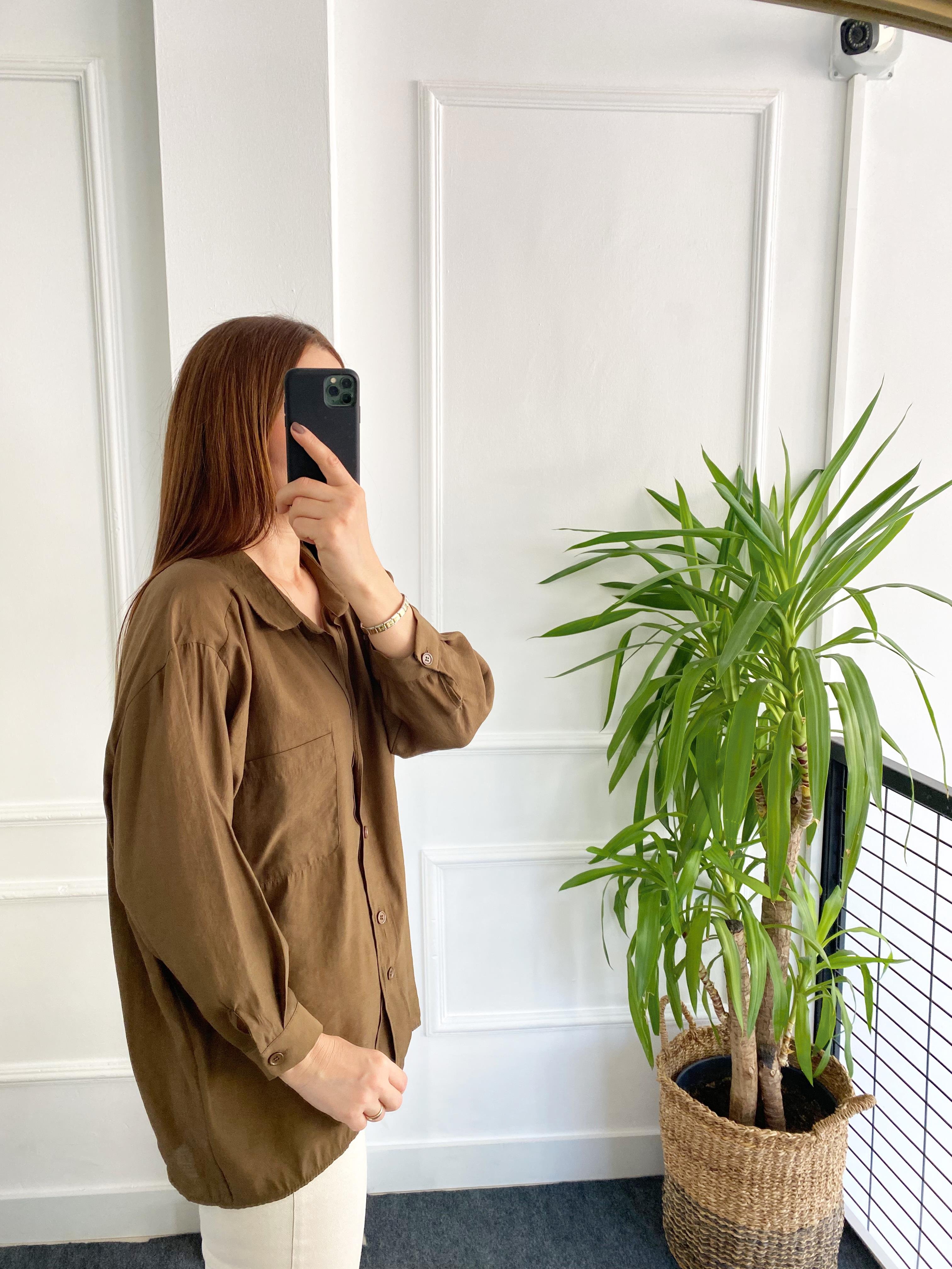 Düşük Omuzlu Oversize Gömlek Kahve