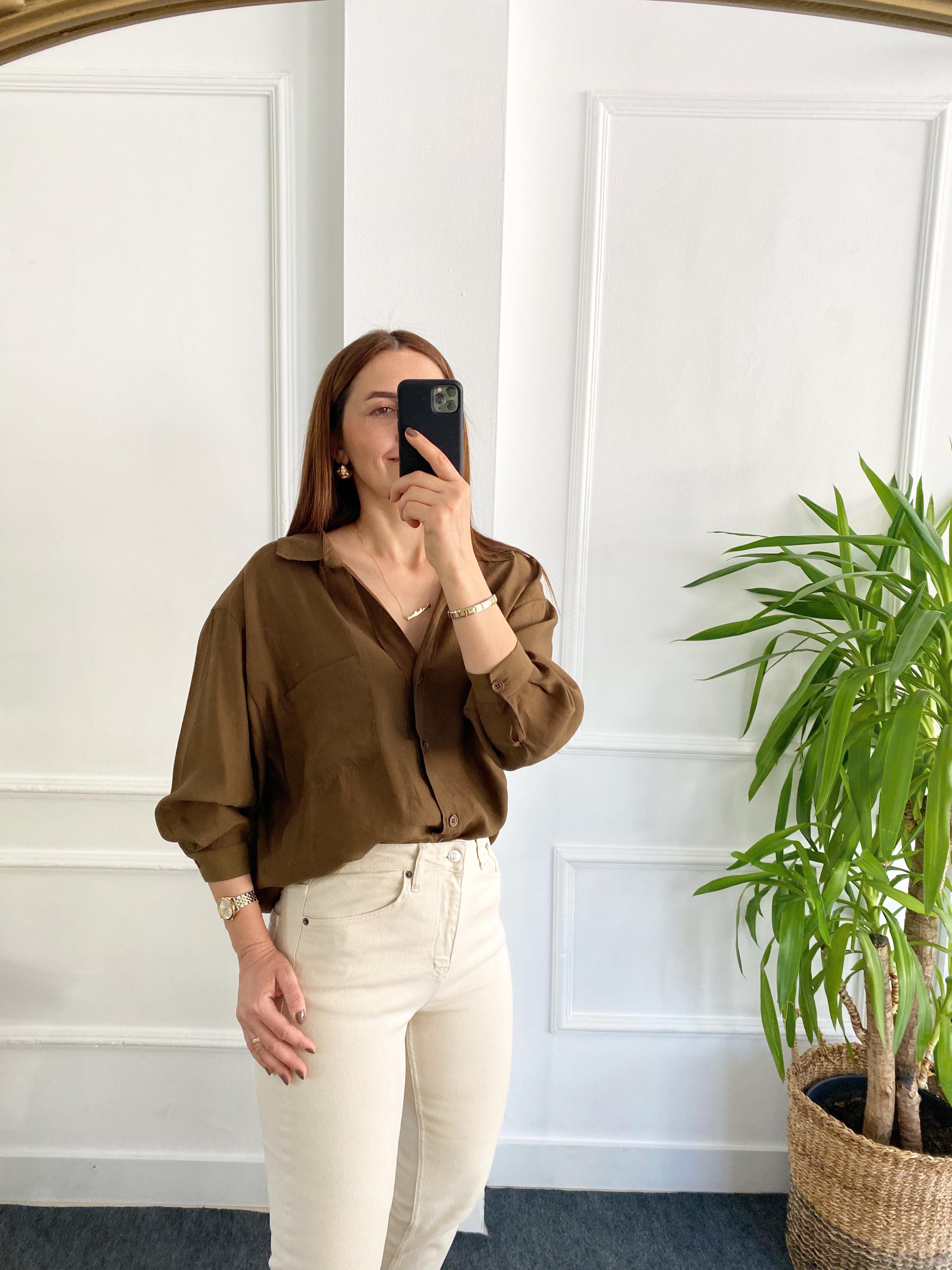 Düşük Omuzlu Oversize Gömlek Kahve
