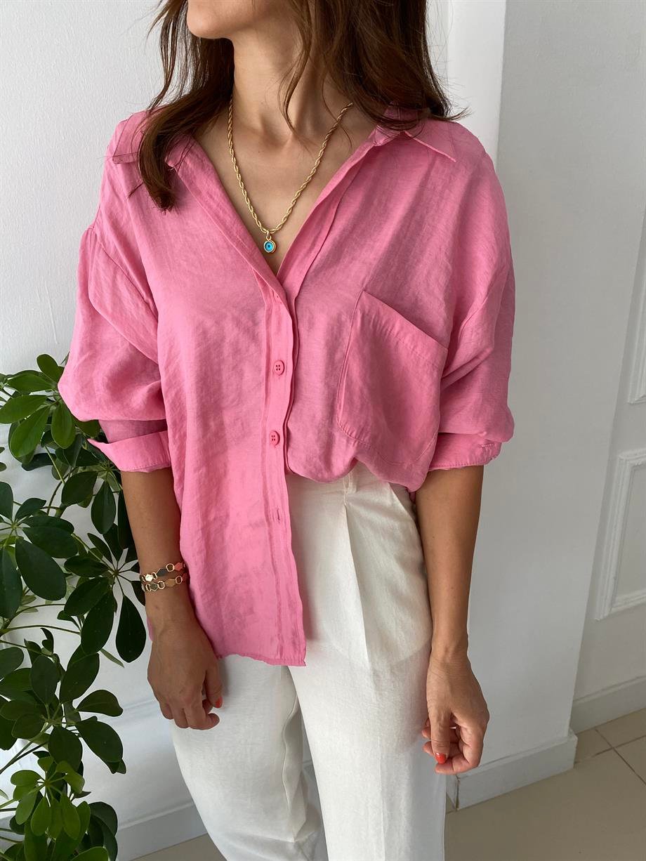Düşük Omuzlu Oversize Gömlek Pembe