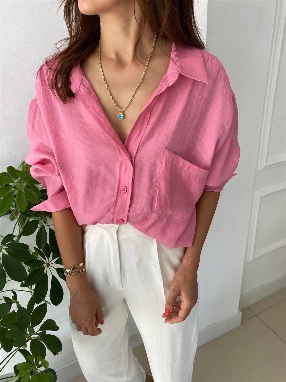 Düşük Omuzlu Oversize Gömlek Pembe