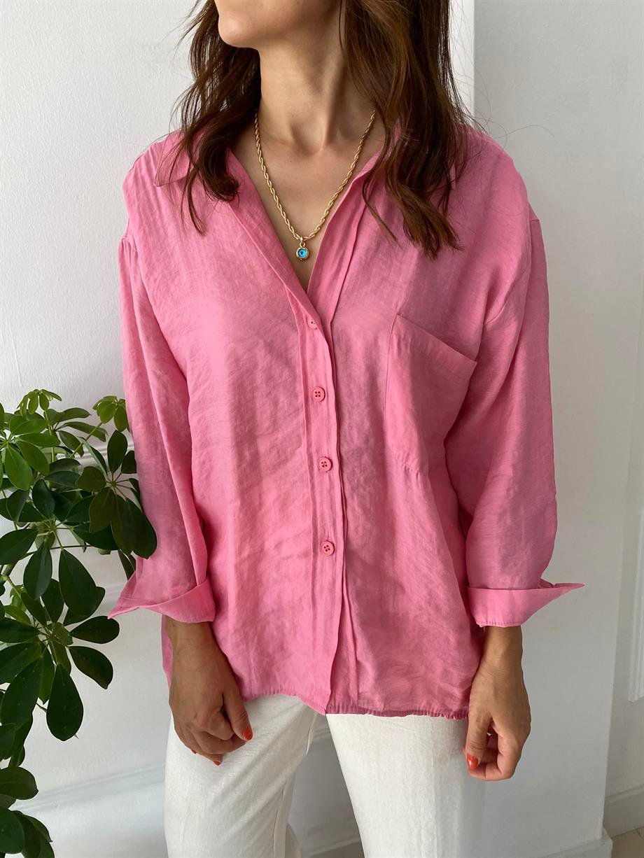 Düşük Omuzlu Oversize Gömlek Pembe
