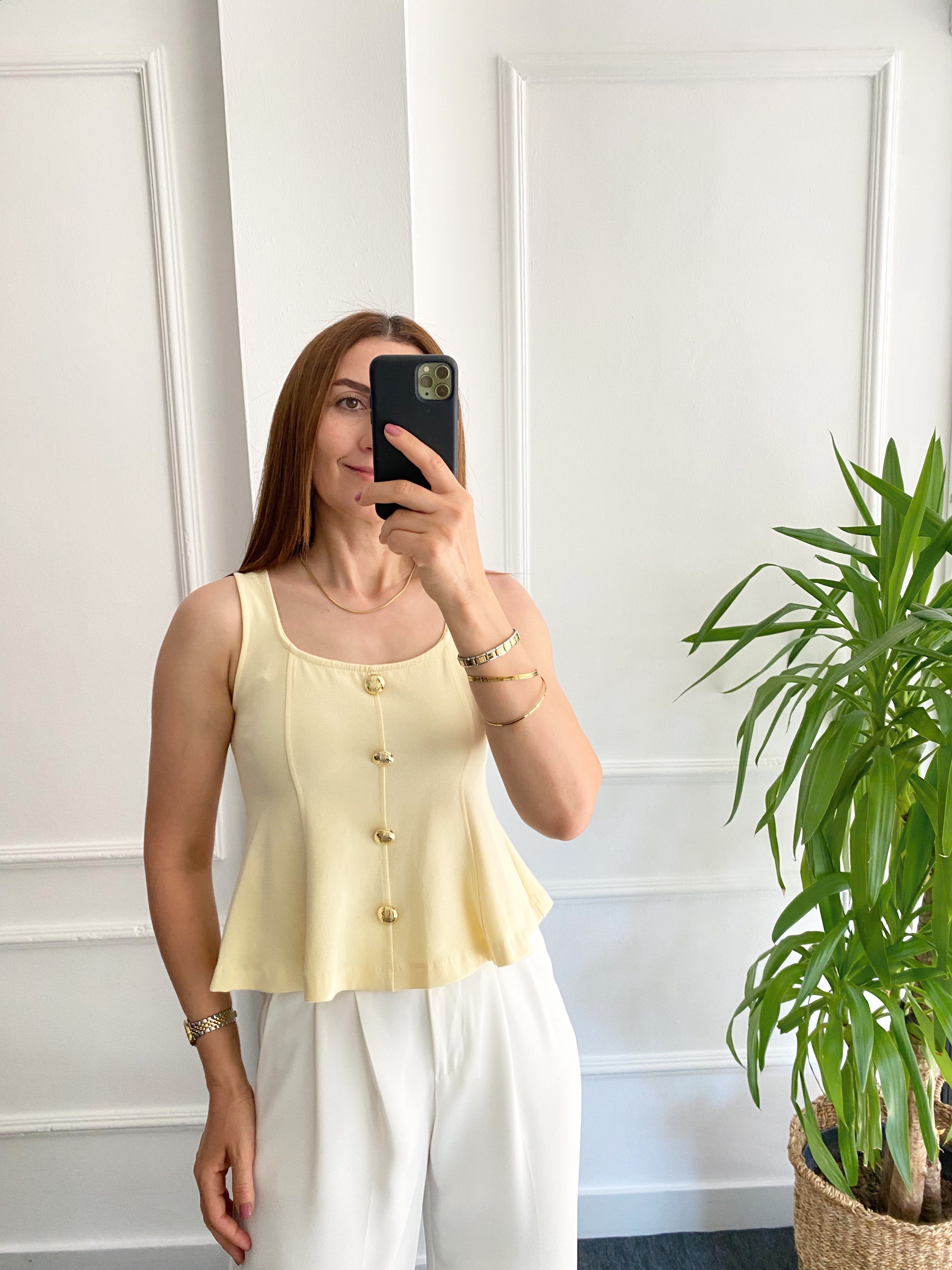 Gold Düğmeli Peplum Bluz Açık Sarı