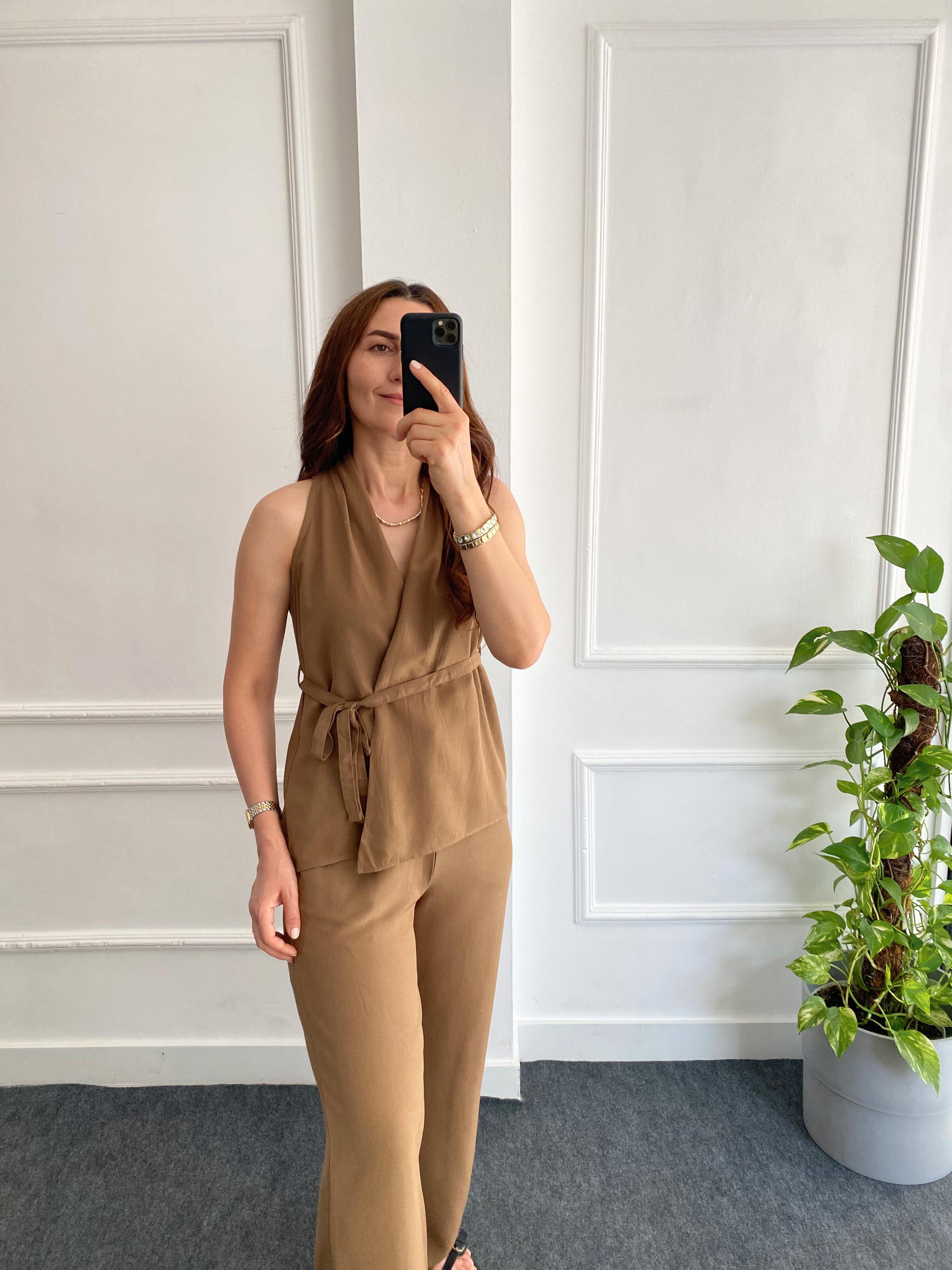 Halter Yaka Keten Dokulu Takım Kahve