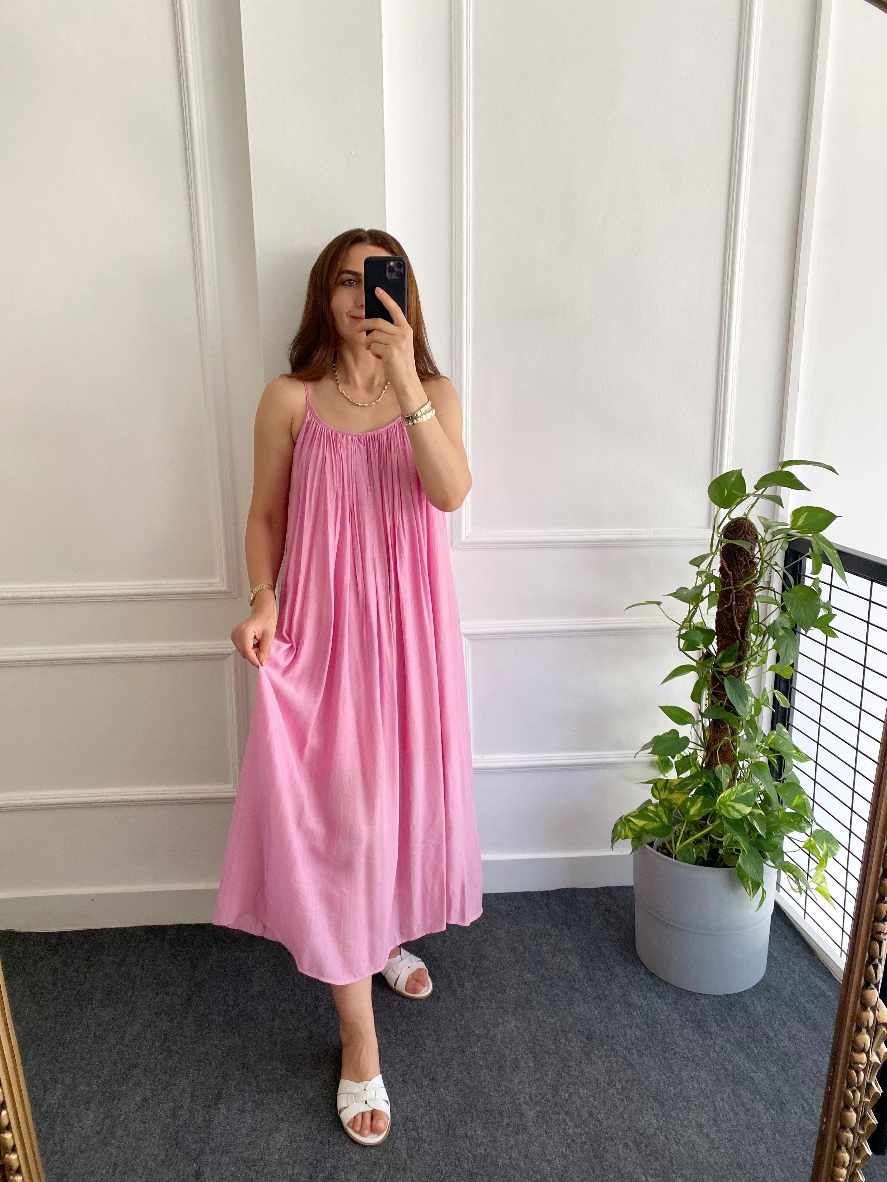 İp Askılı Kopçeli Elbise Pembe