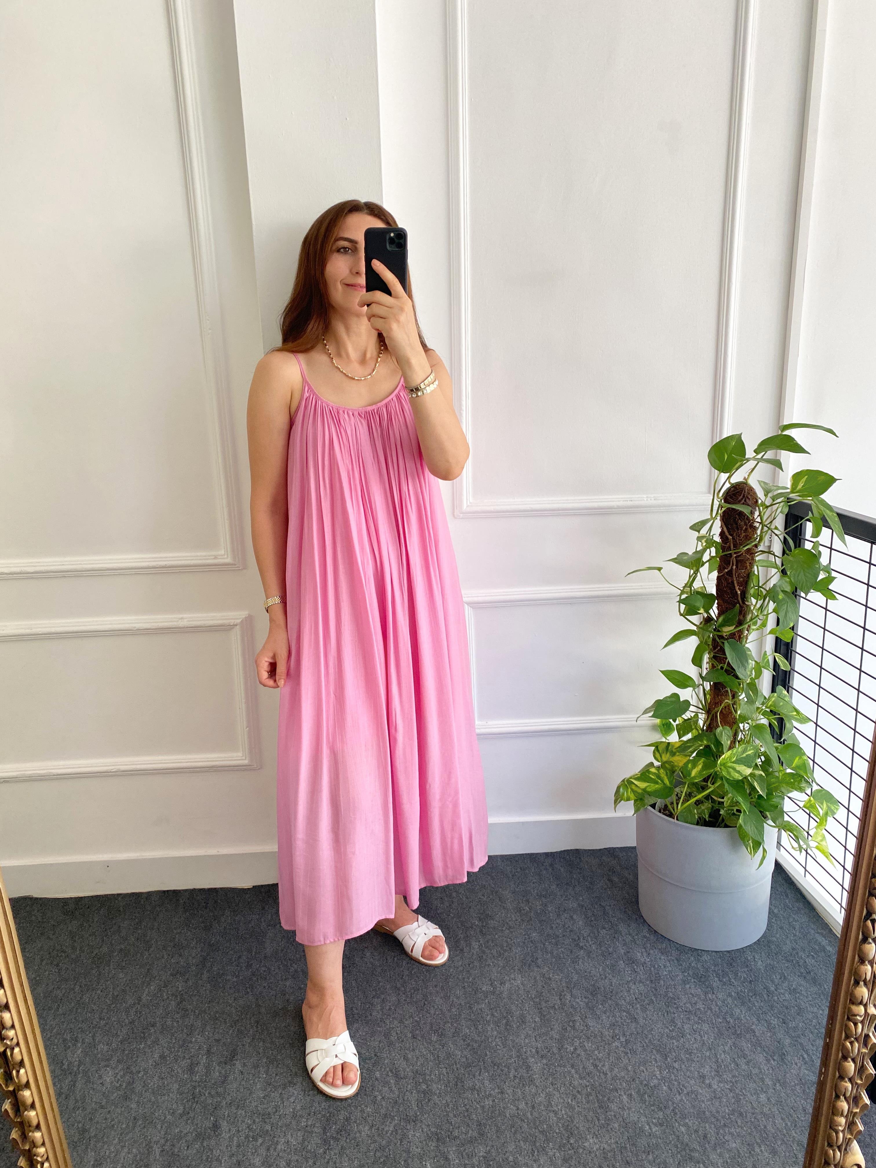 İp Askılı Kopçeli Elbise Pembe