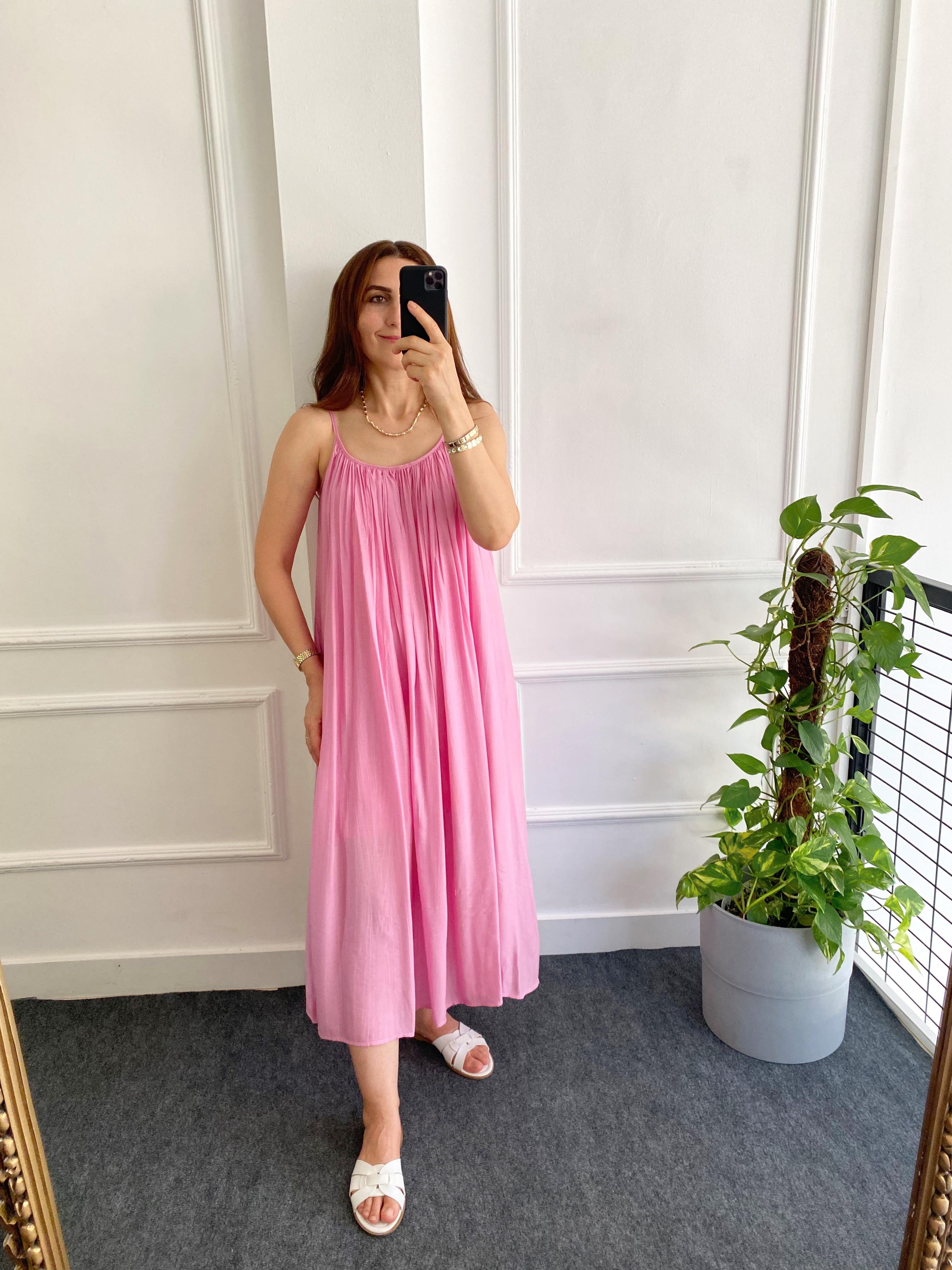 İp Askılı Kopçeli Elbise Pembe