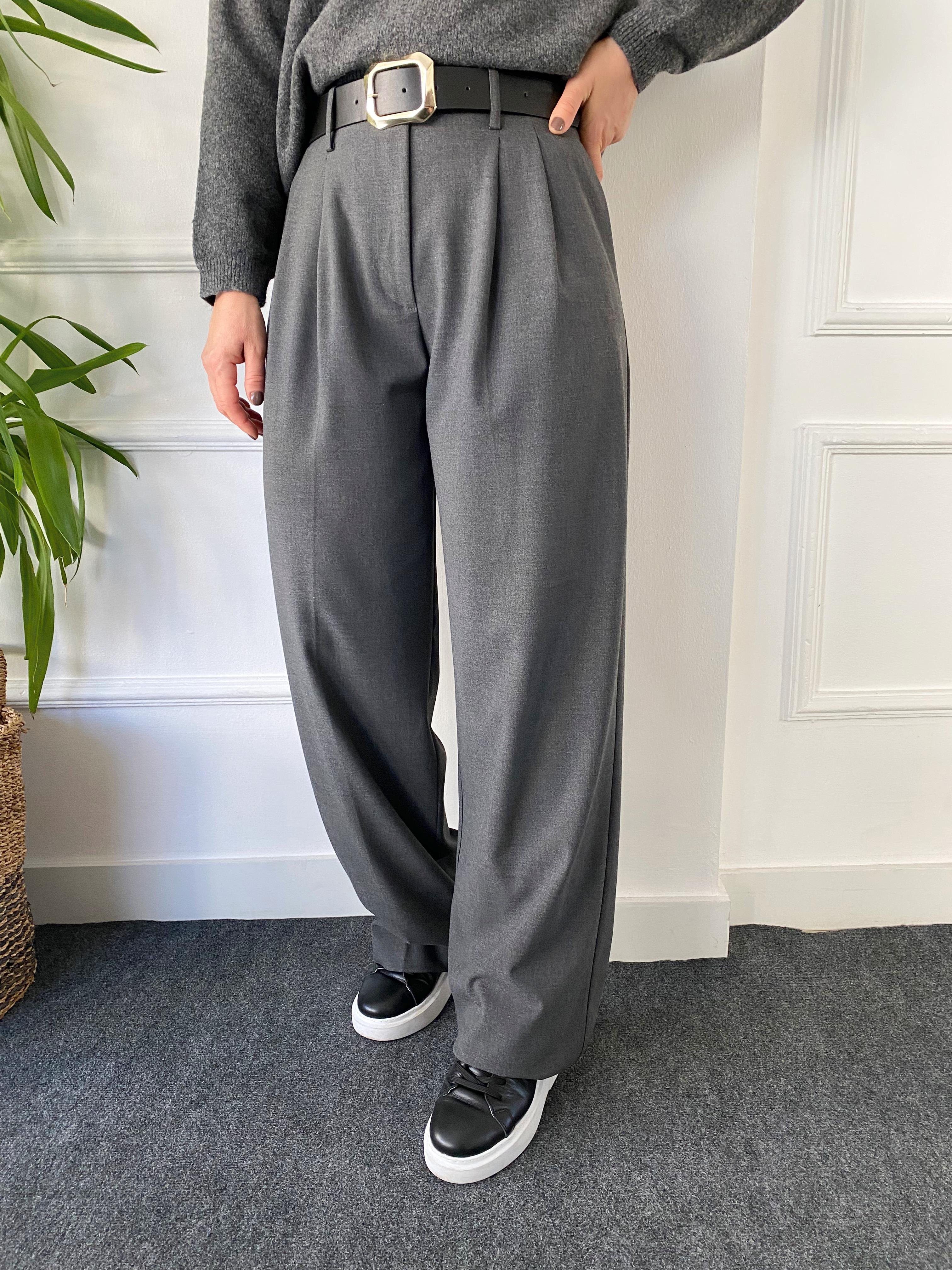 Kemerli Bol Paça Pantolon Gri