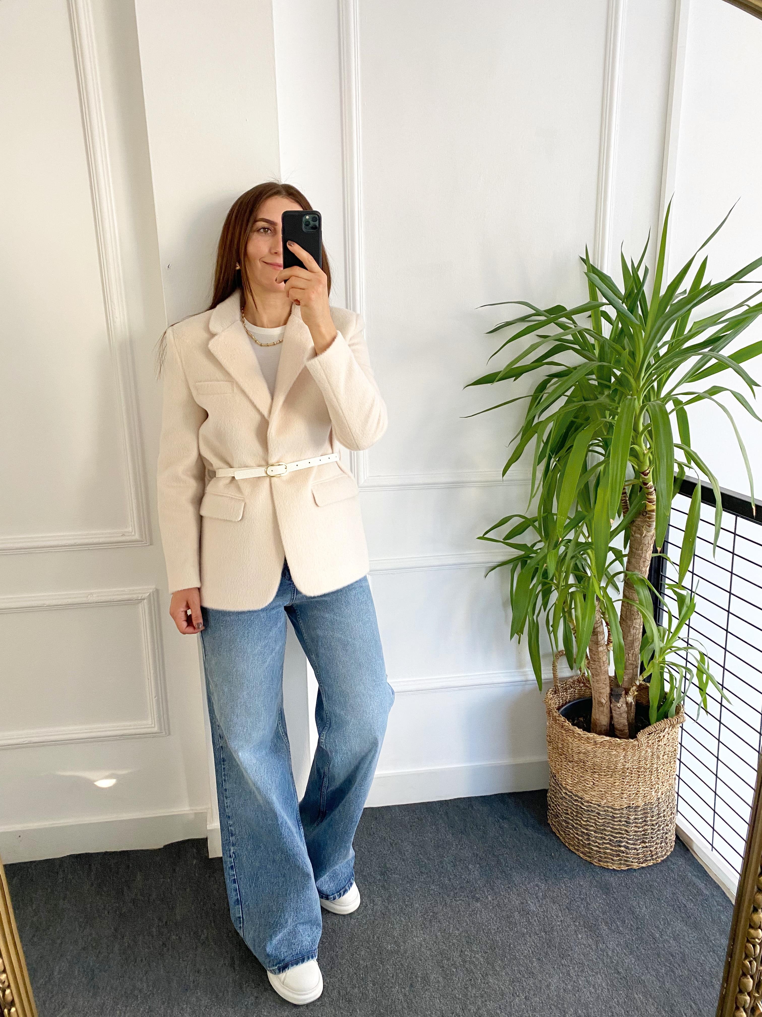 Kemerli Peluş Blazer Ceket Krem