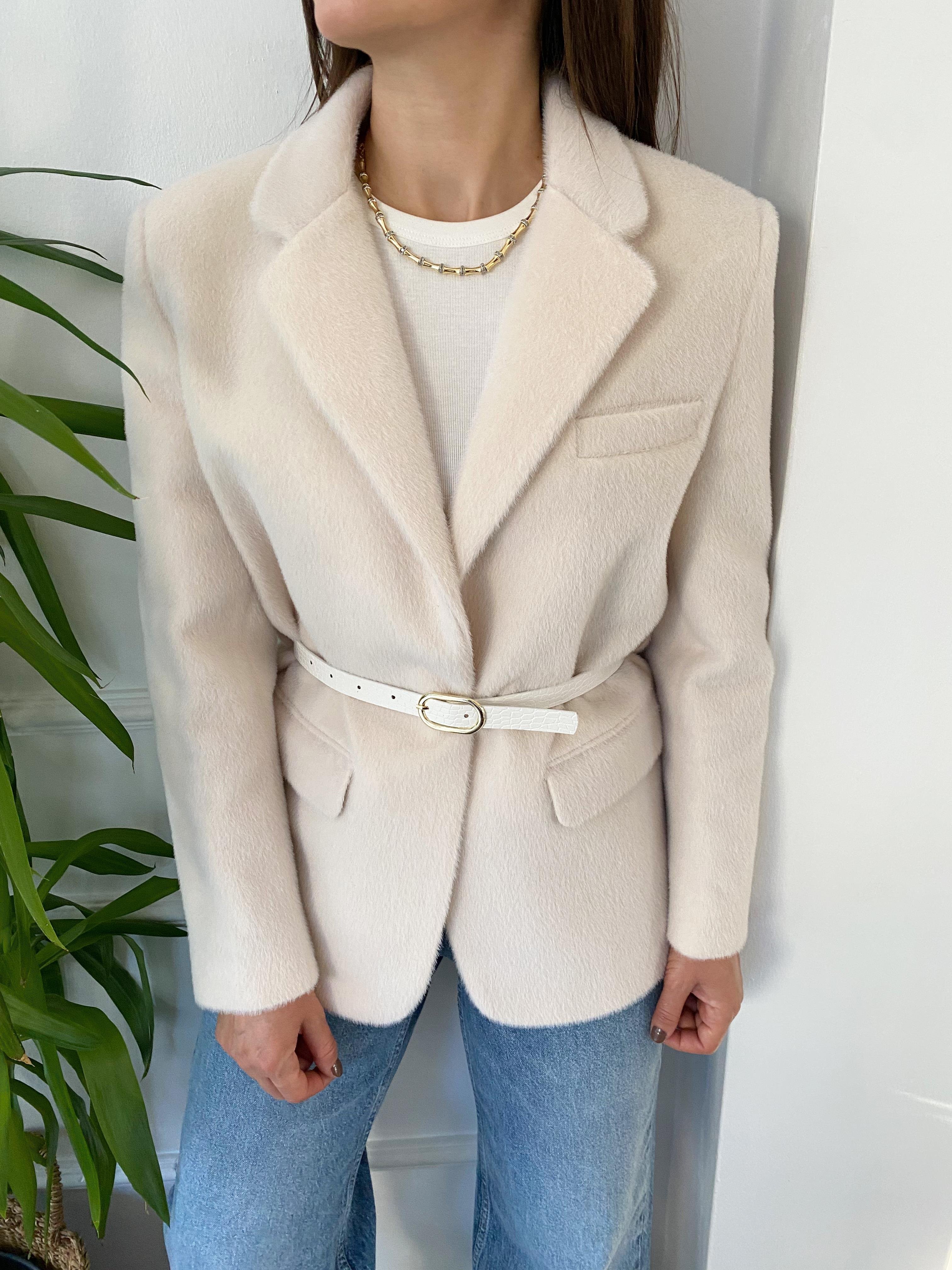 Kemerli Peluş Blazer Ceket Krem