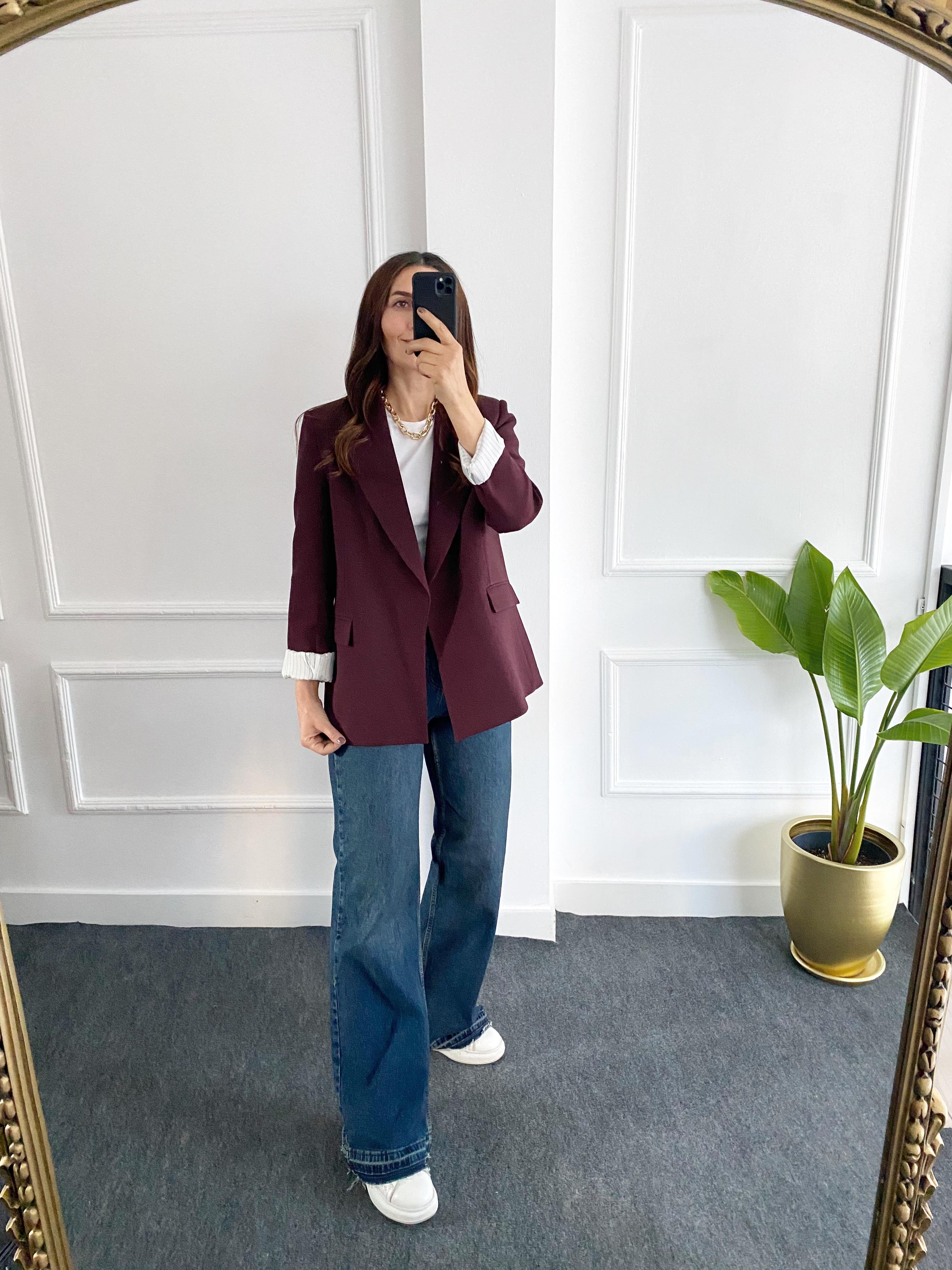Kolu Katlamalı  Blazer Ceket Mürdüm
