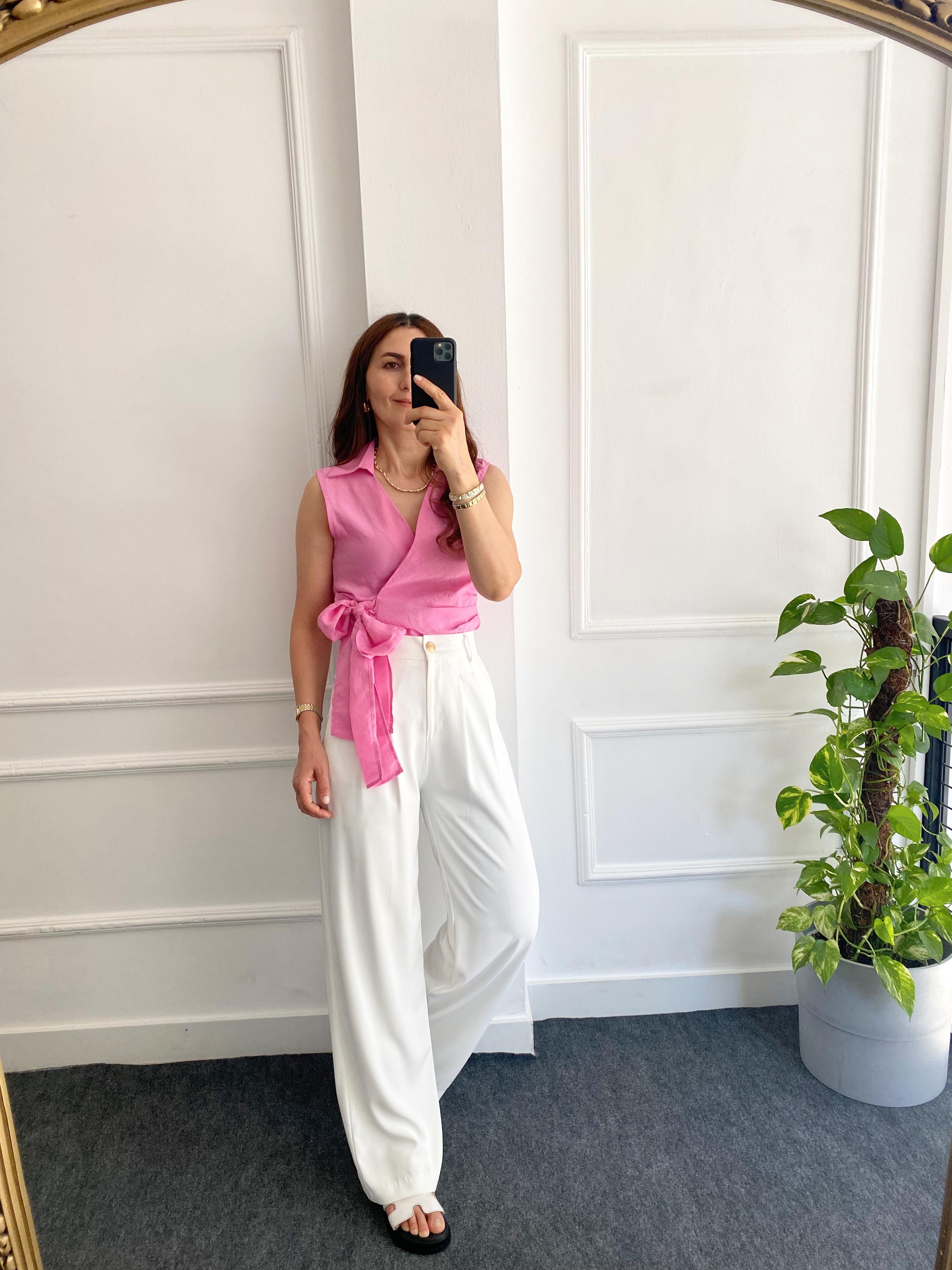 Kruvaze Yakalı Bluz Pembe
