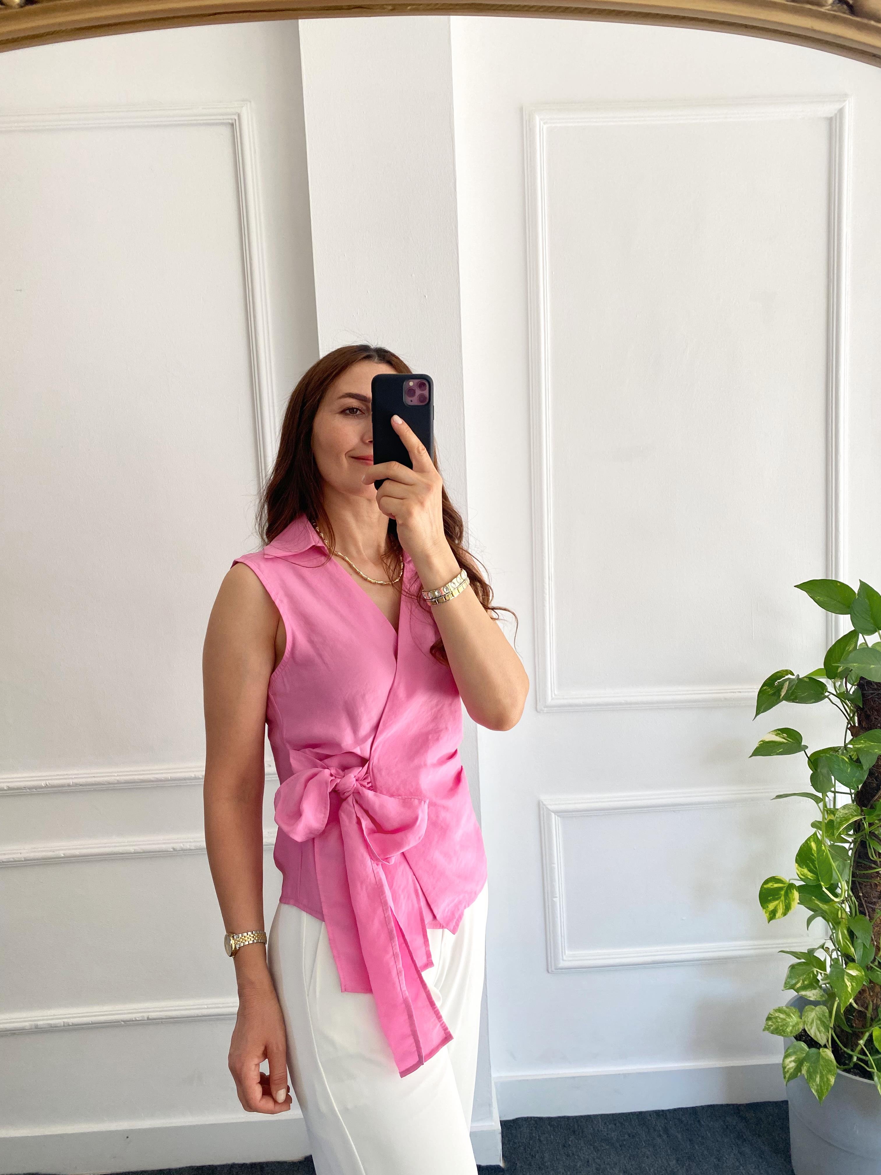 Kruvaze Yakalı Bluz Pembe