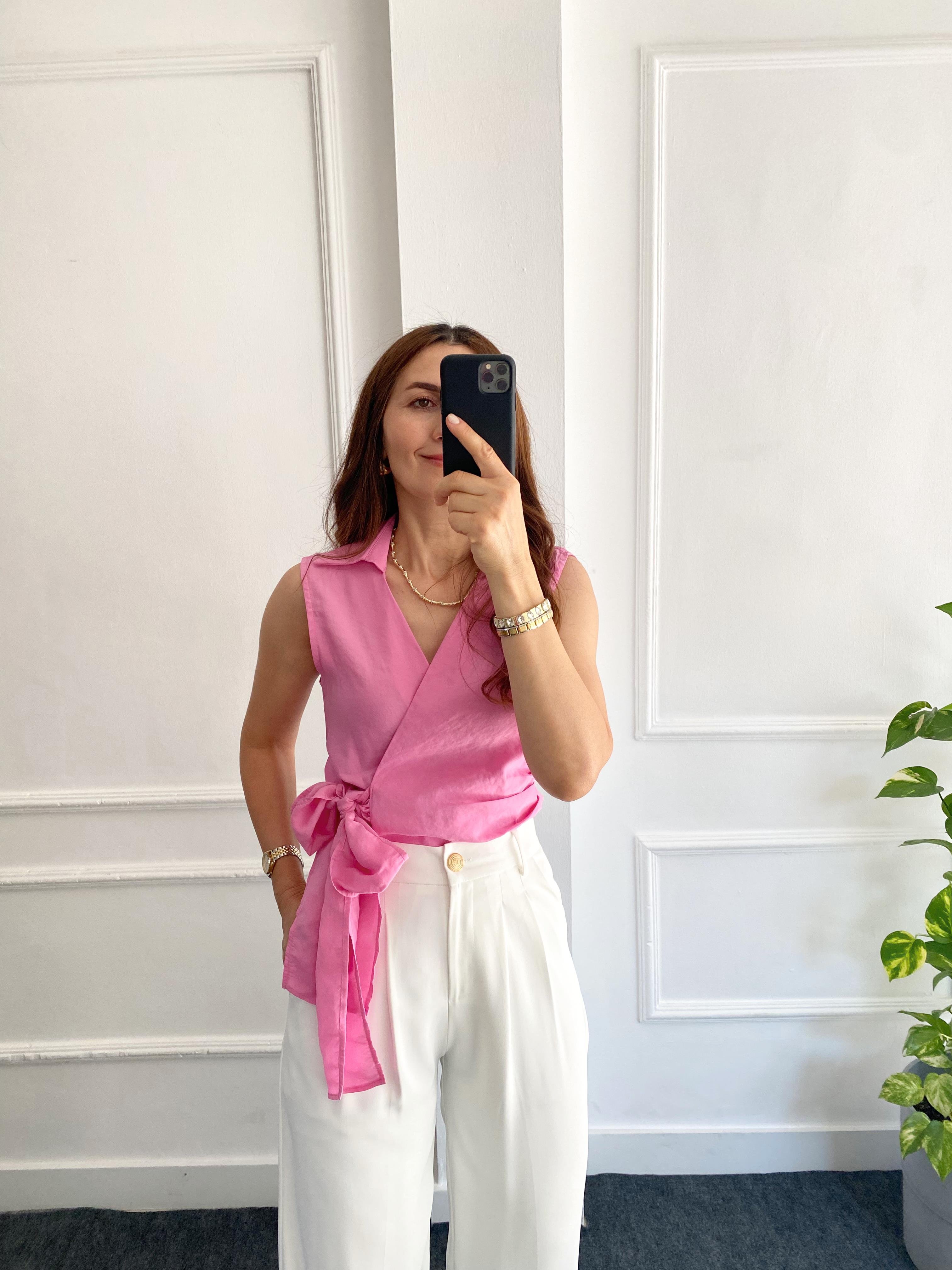 Kruvaze Yakalı Bluz Pembe