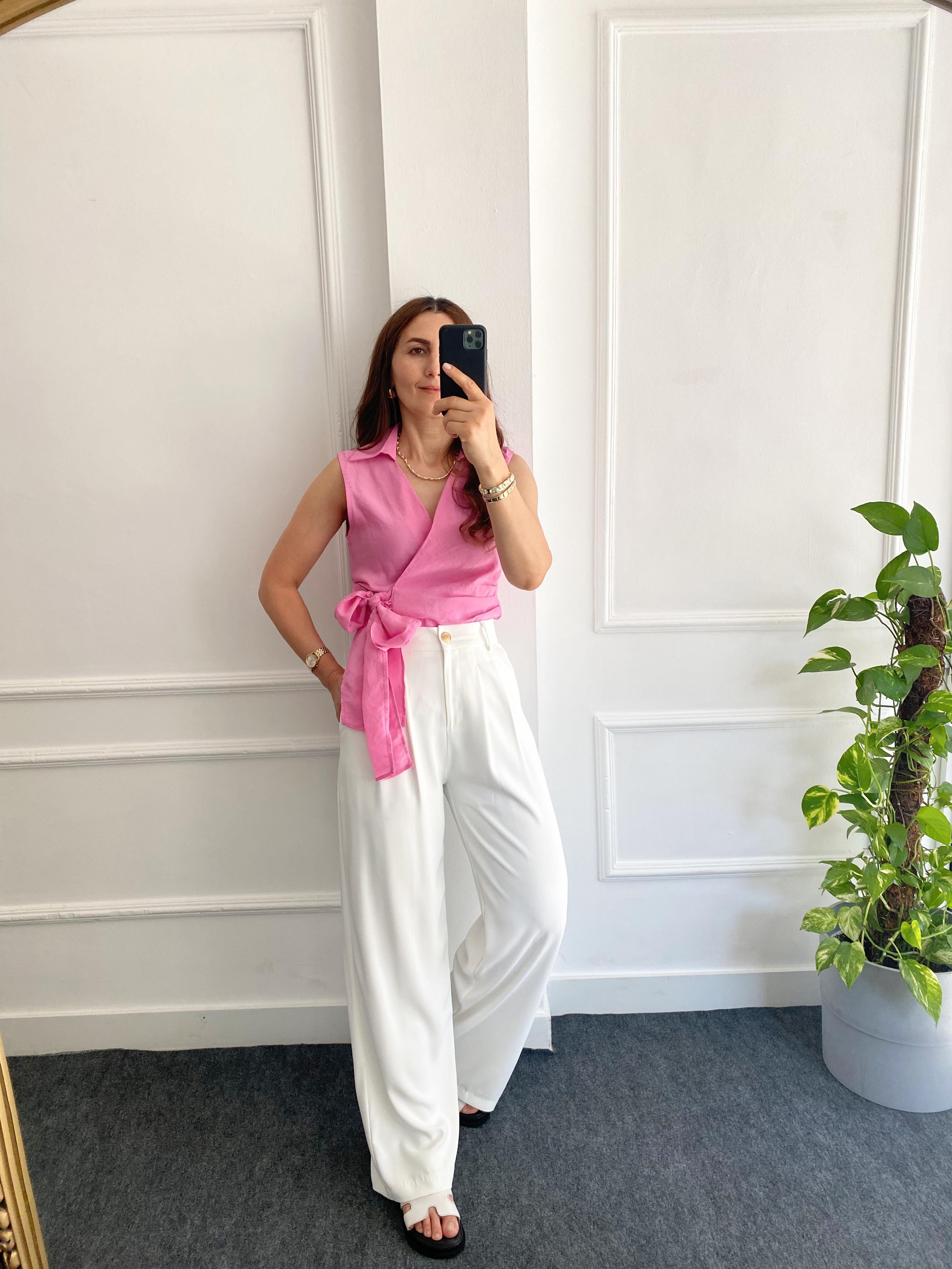 Kruvaze Yakalı Bluz Pembe