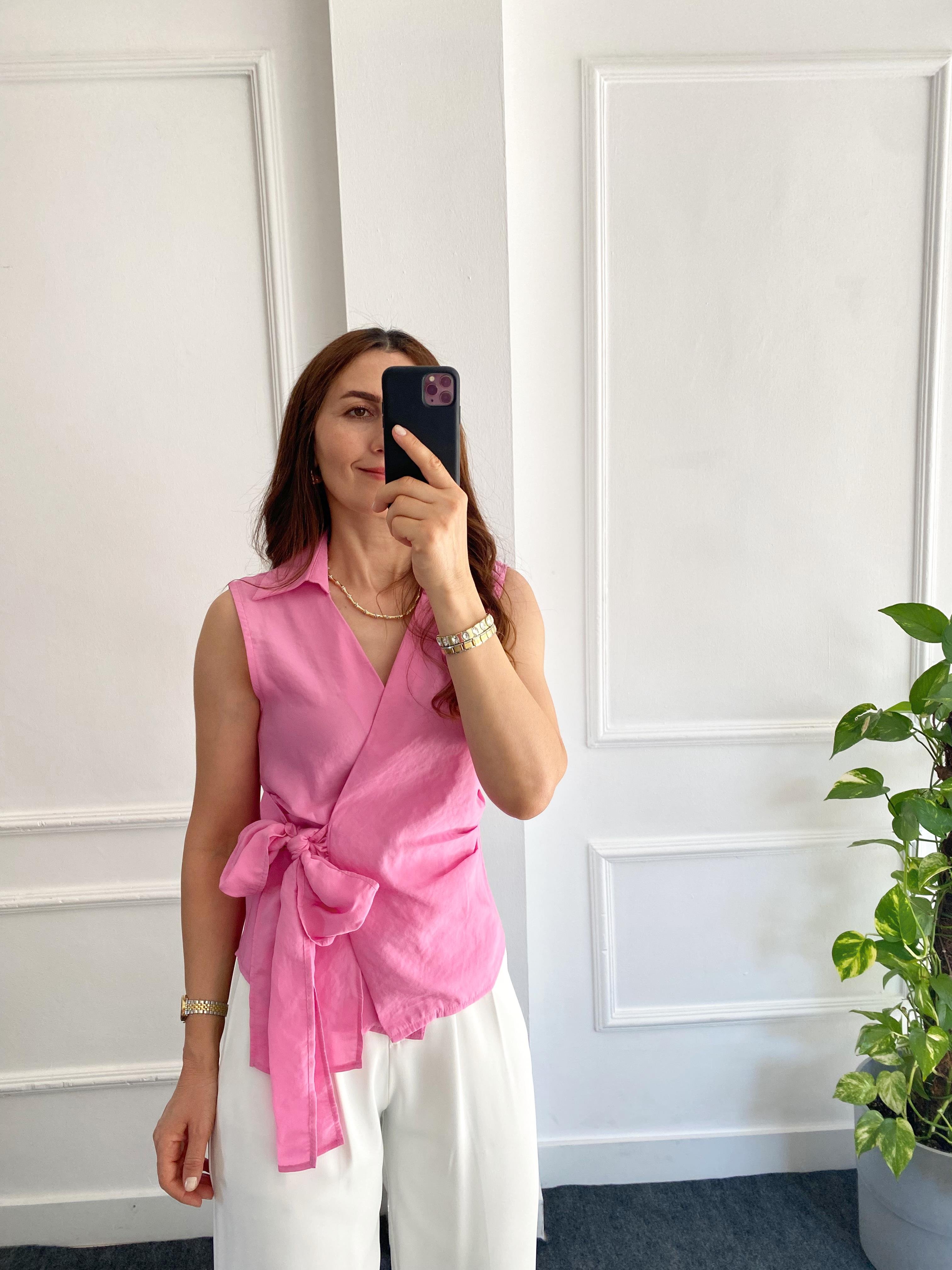Kruvaze Yakalı Bluz Pembe