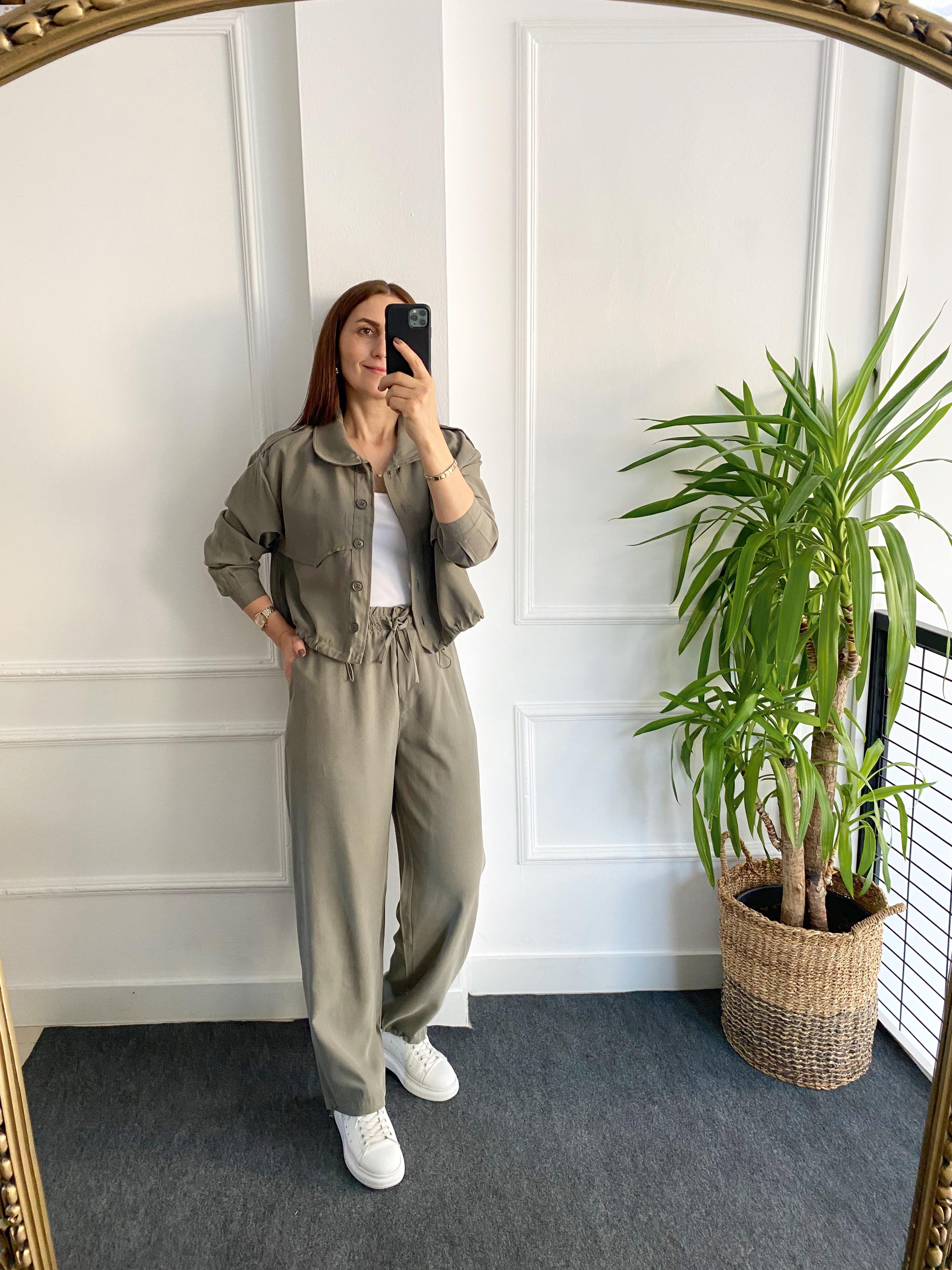 Lastikli Crop Ceket Takım Haki