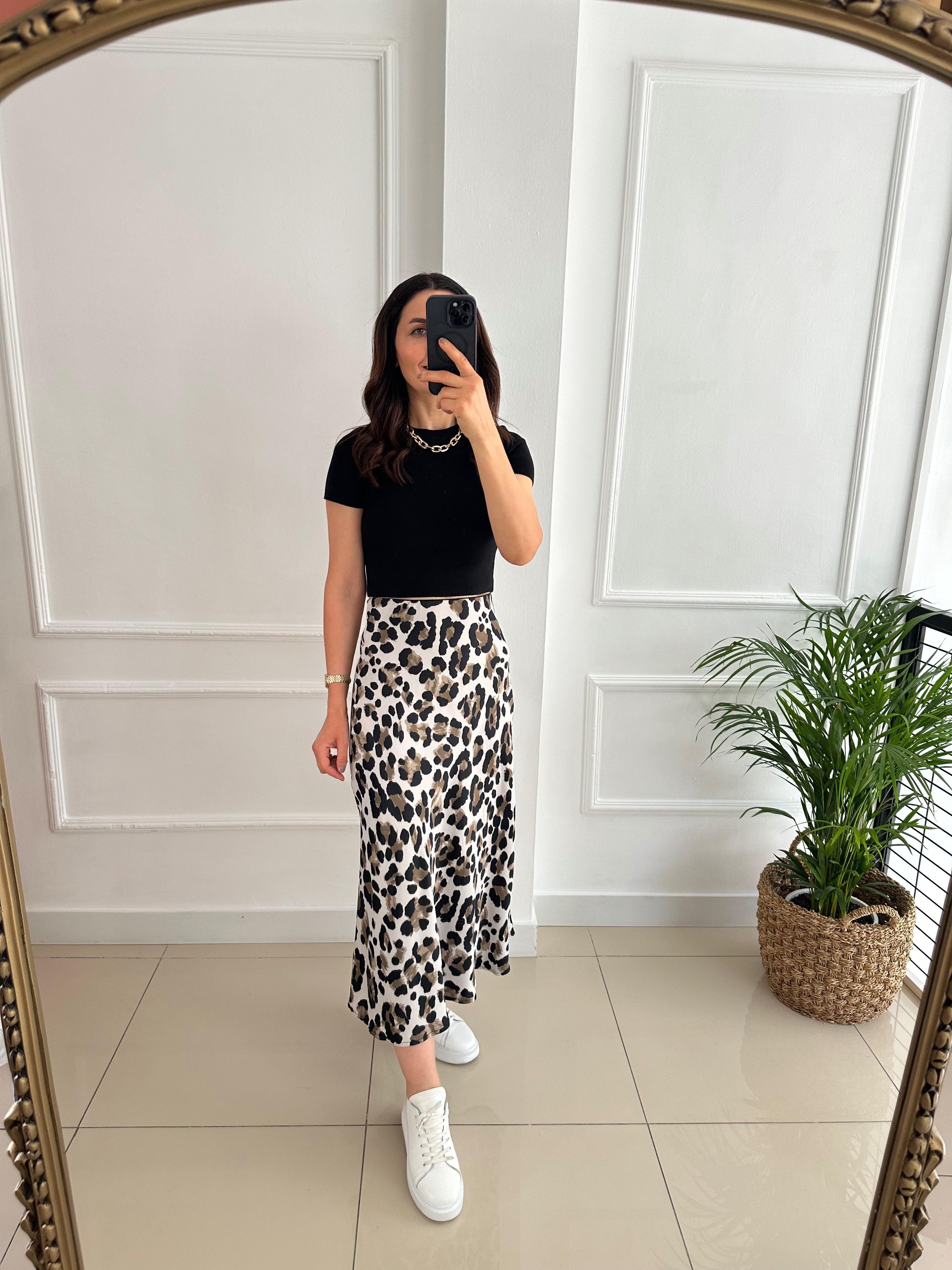 Midi Leopar Desen Saten Etek