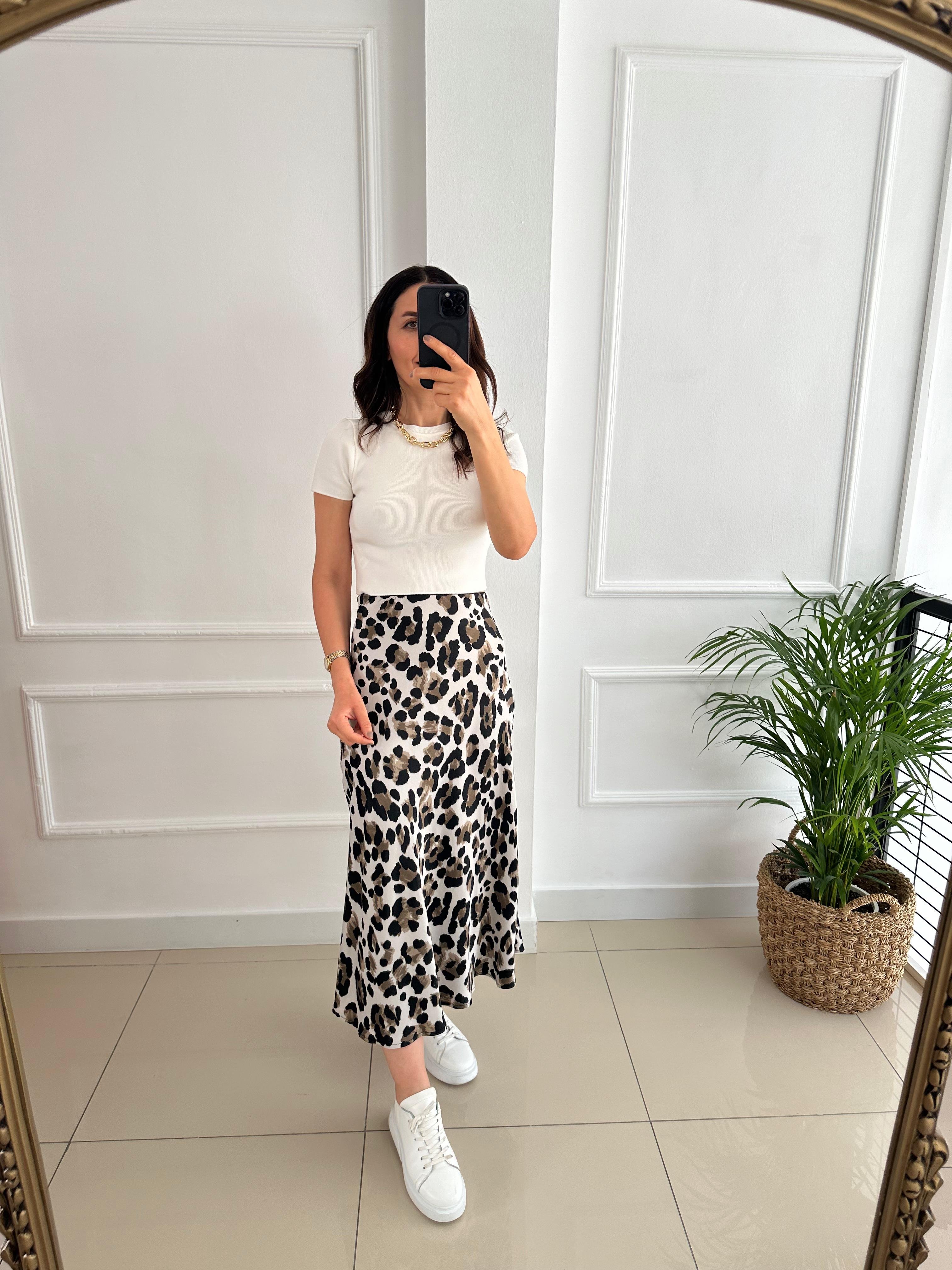 Midi Leopar Desen Saten Etek