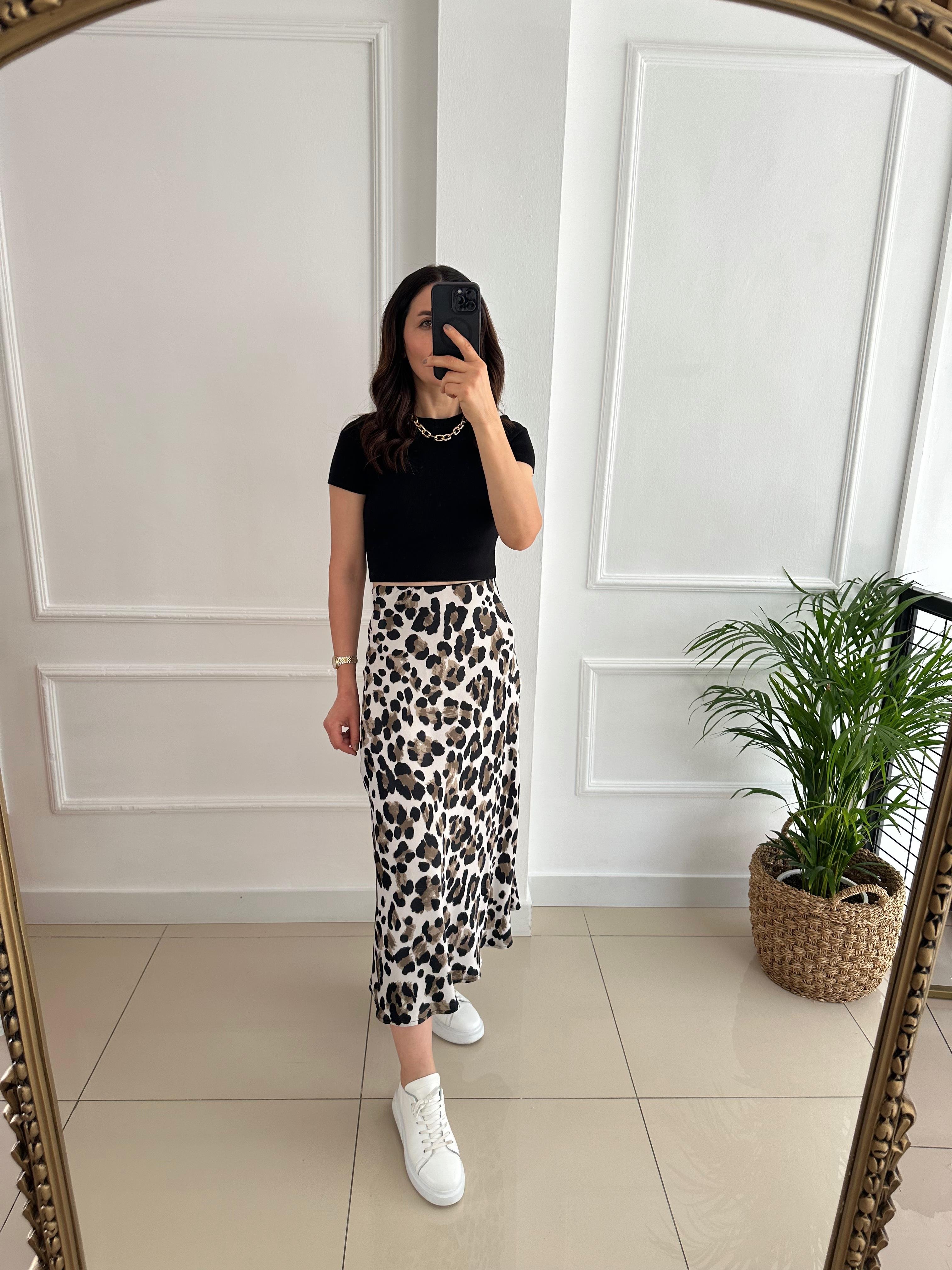Midi Leopar Desen Saten Etek