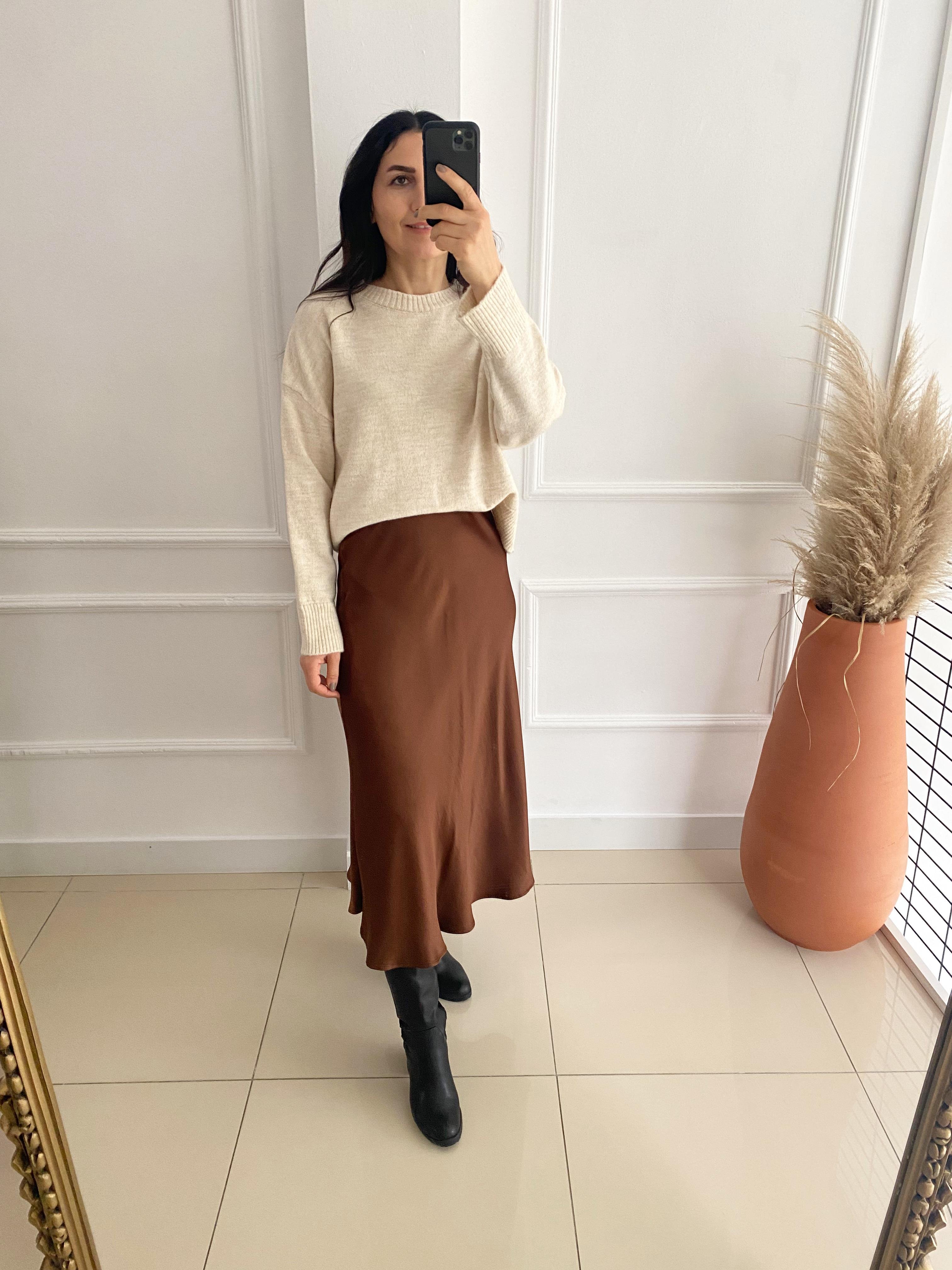 Midi Saten Etek Kahve