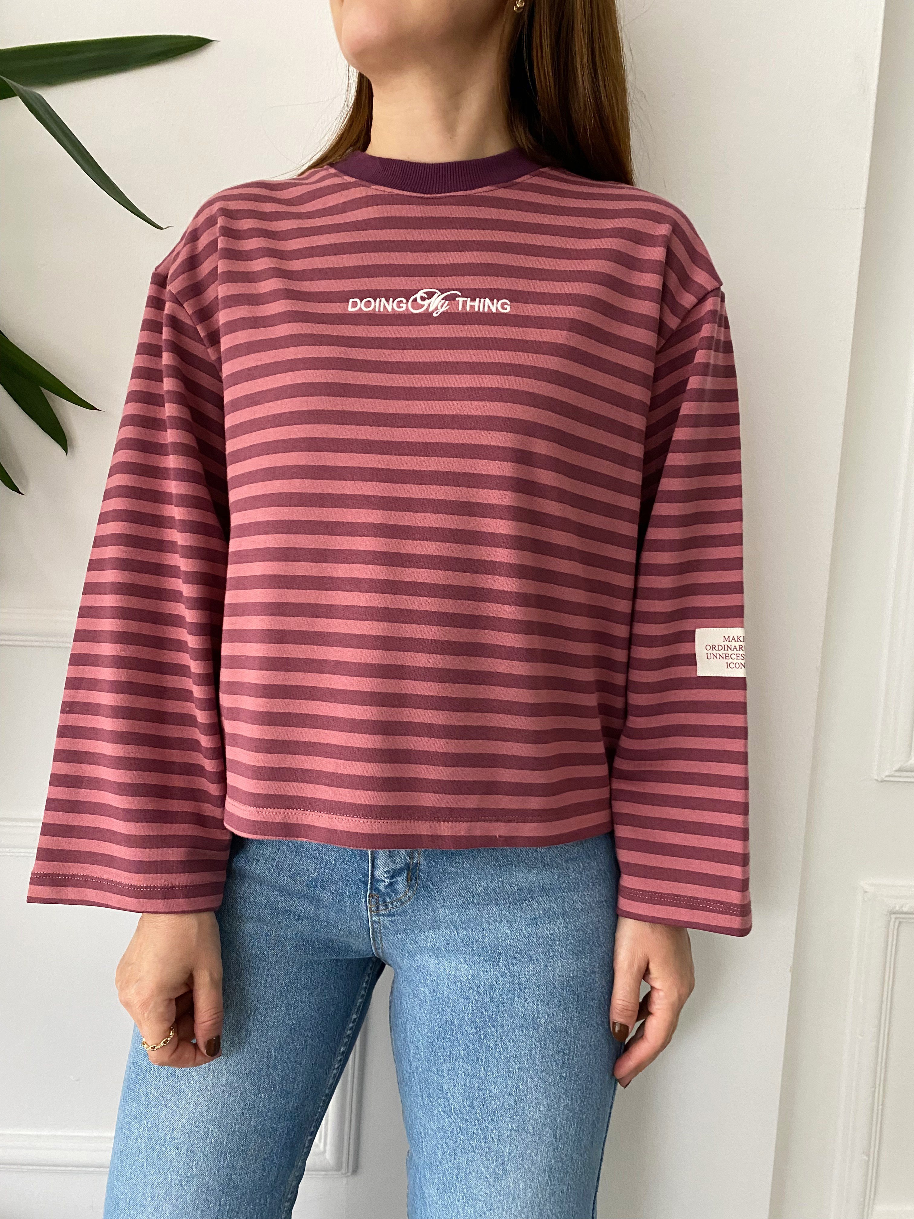 Nakışlı Çizgili Sweat Pembe Mürdüm