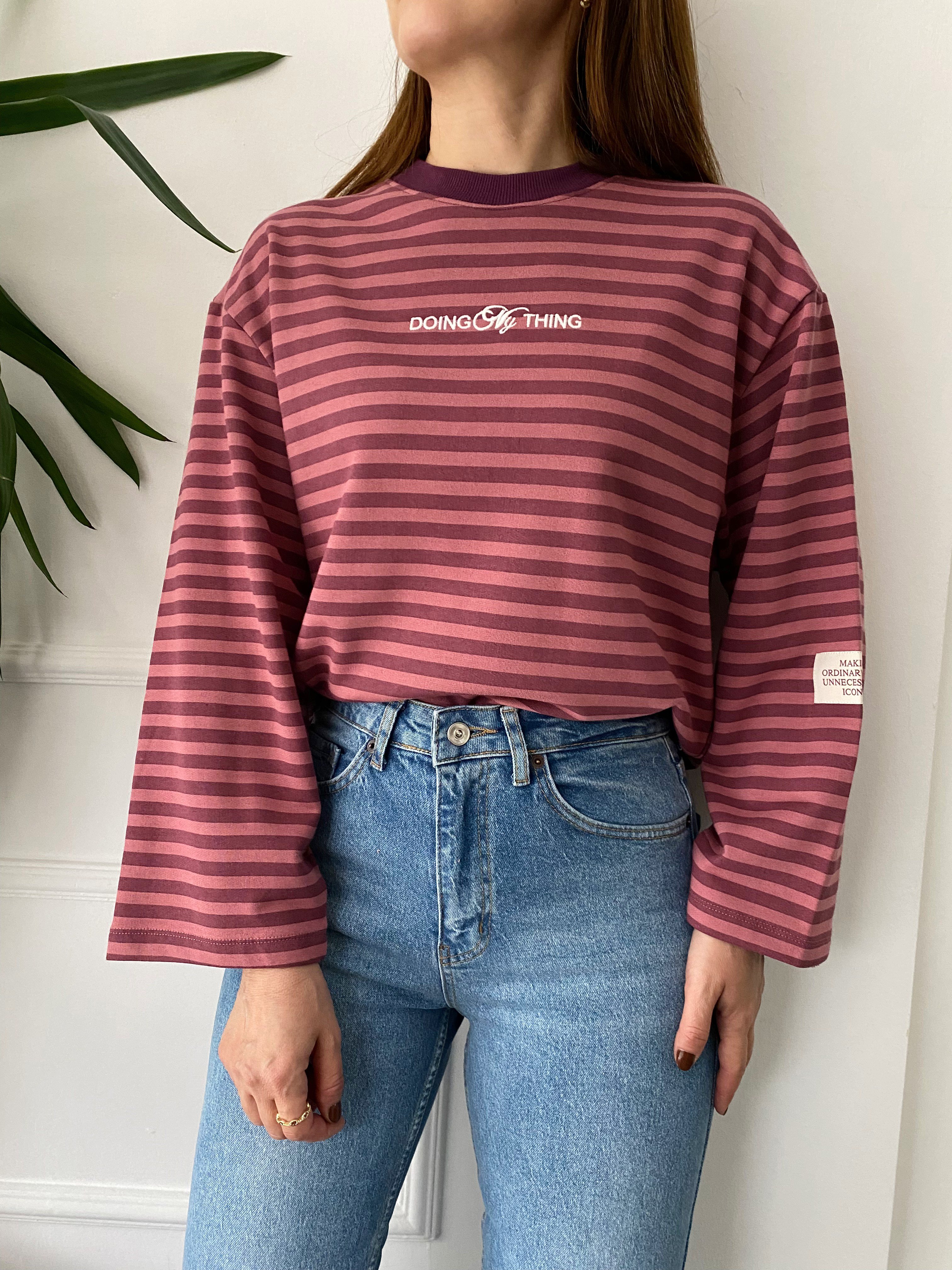 Nakışlı Çizgili Sweat Pembe Mürdüm