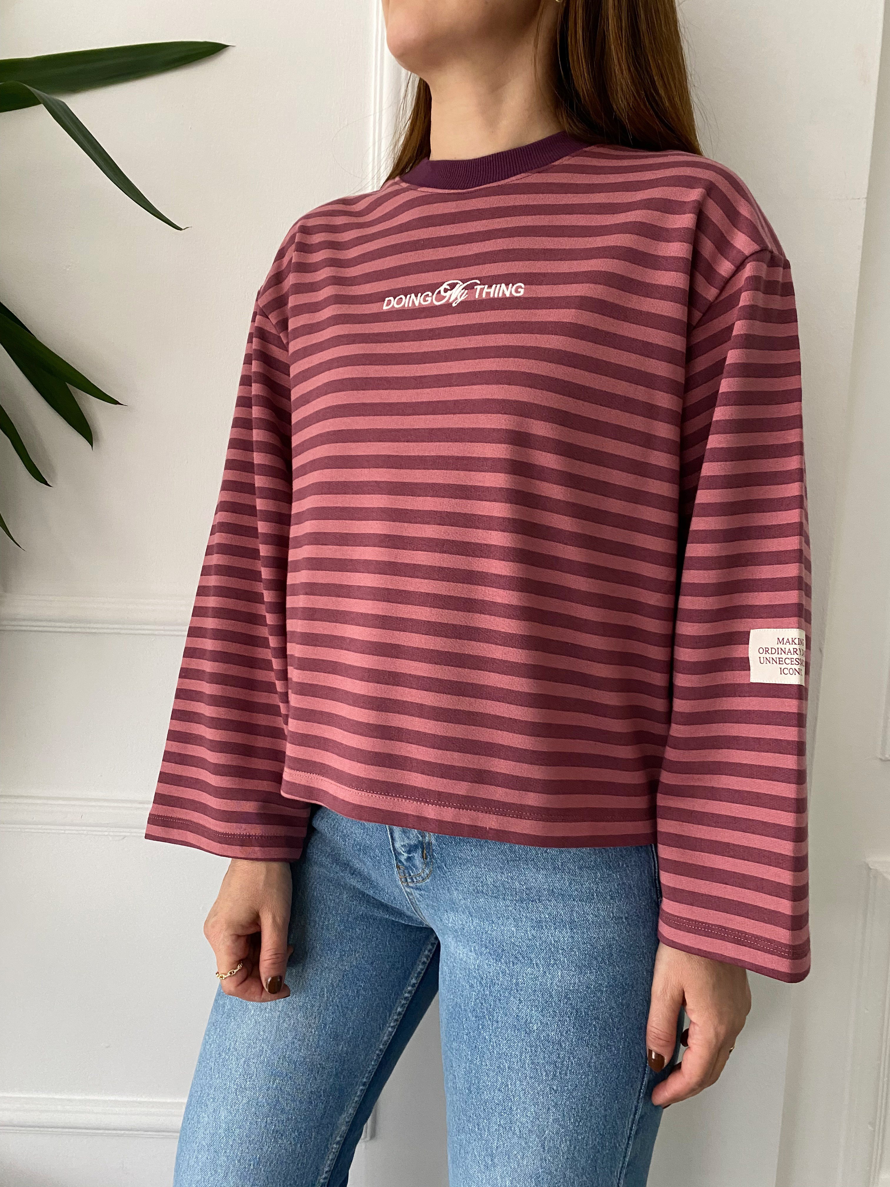 Nakışlı Çizgili Sweat Pembe Mürdüm