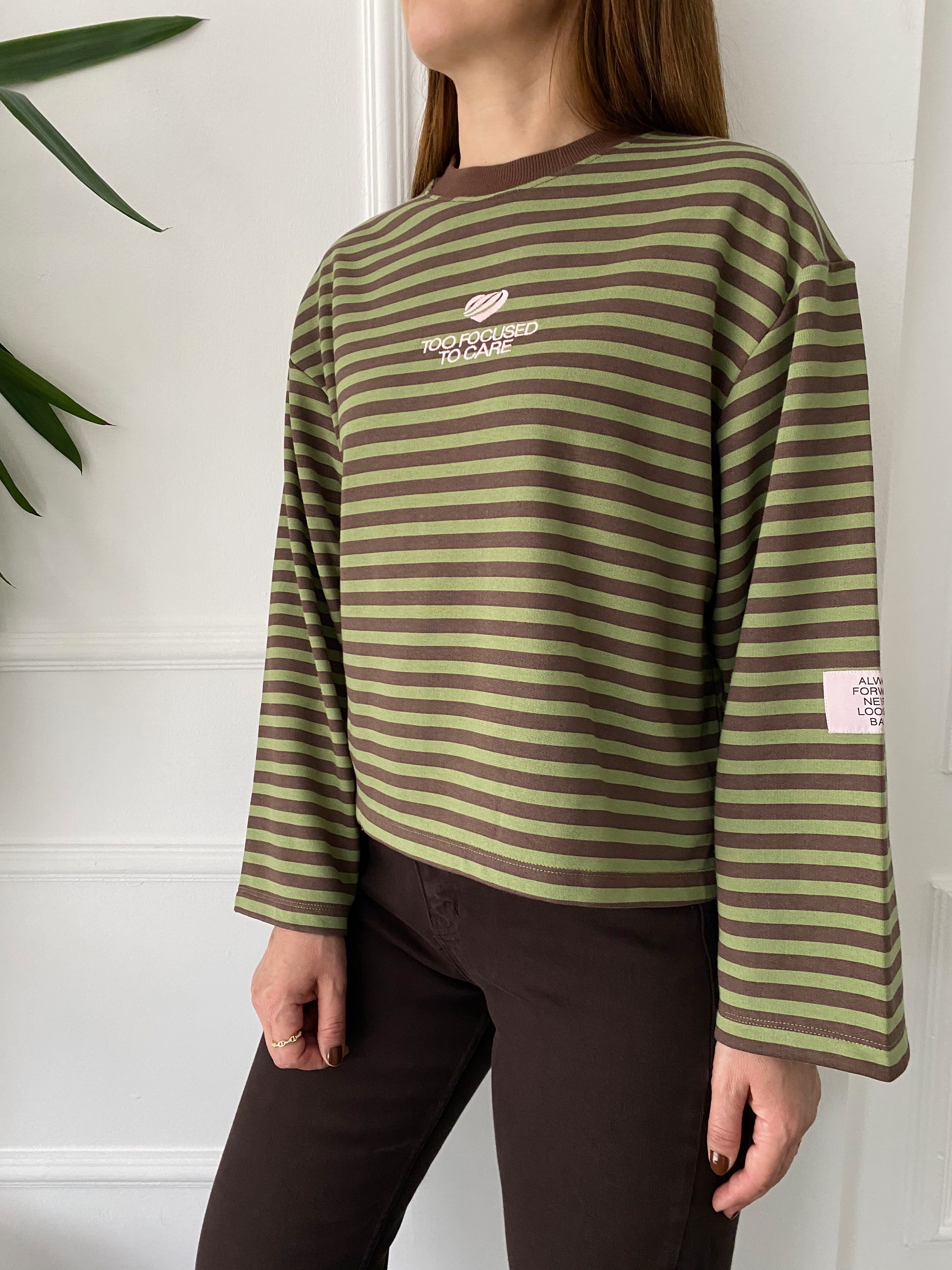 Nakışlı Çizgili Sweat Yeşil Kahve