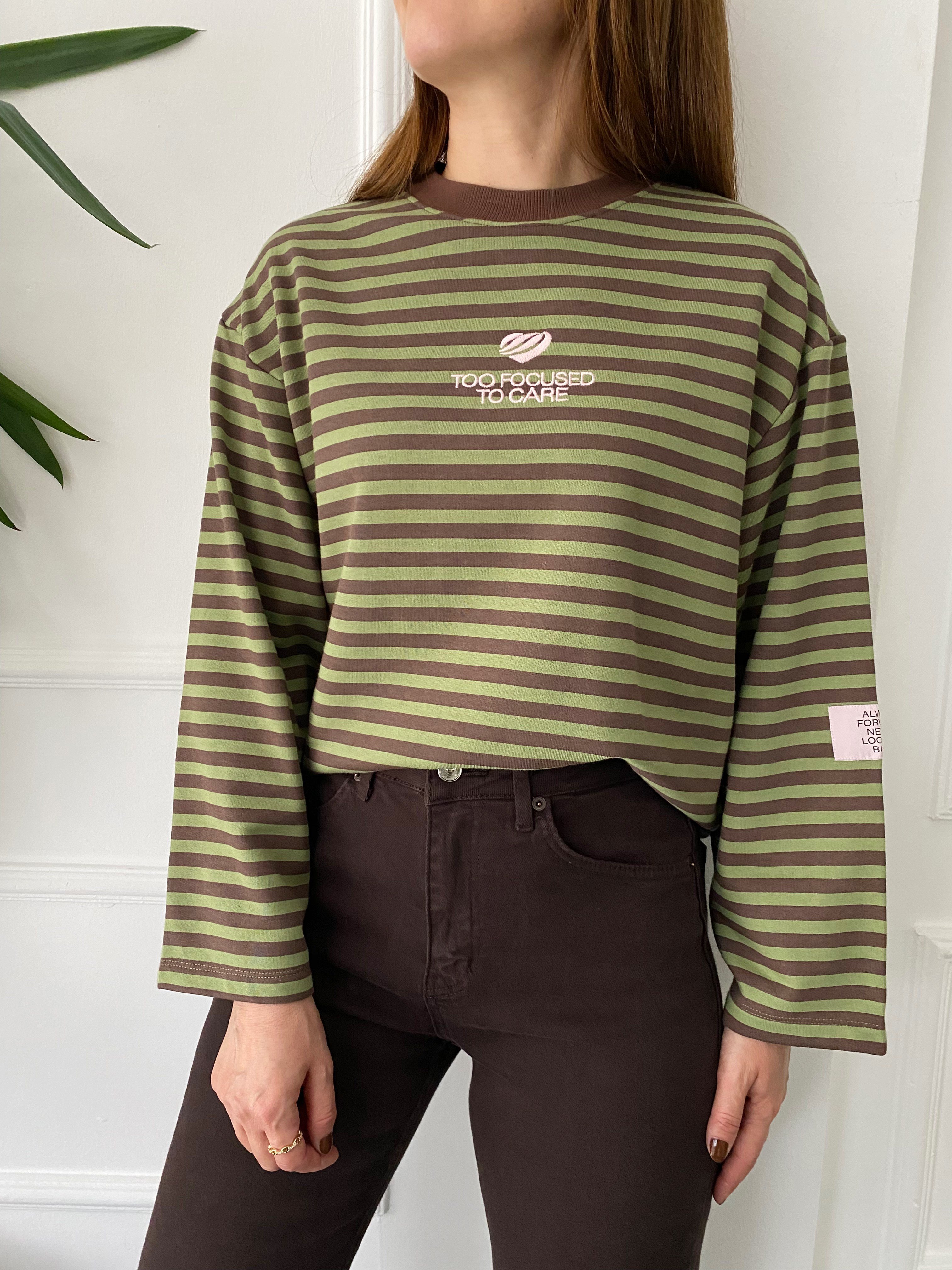 Nakışlı Çizgili Sweat Yeşil Kahve