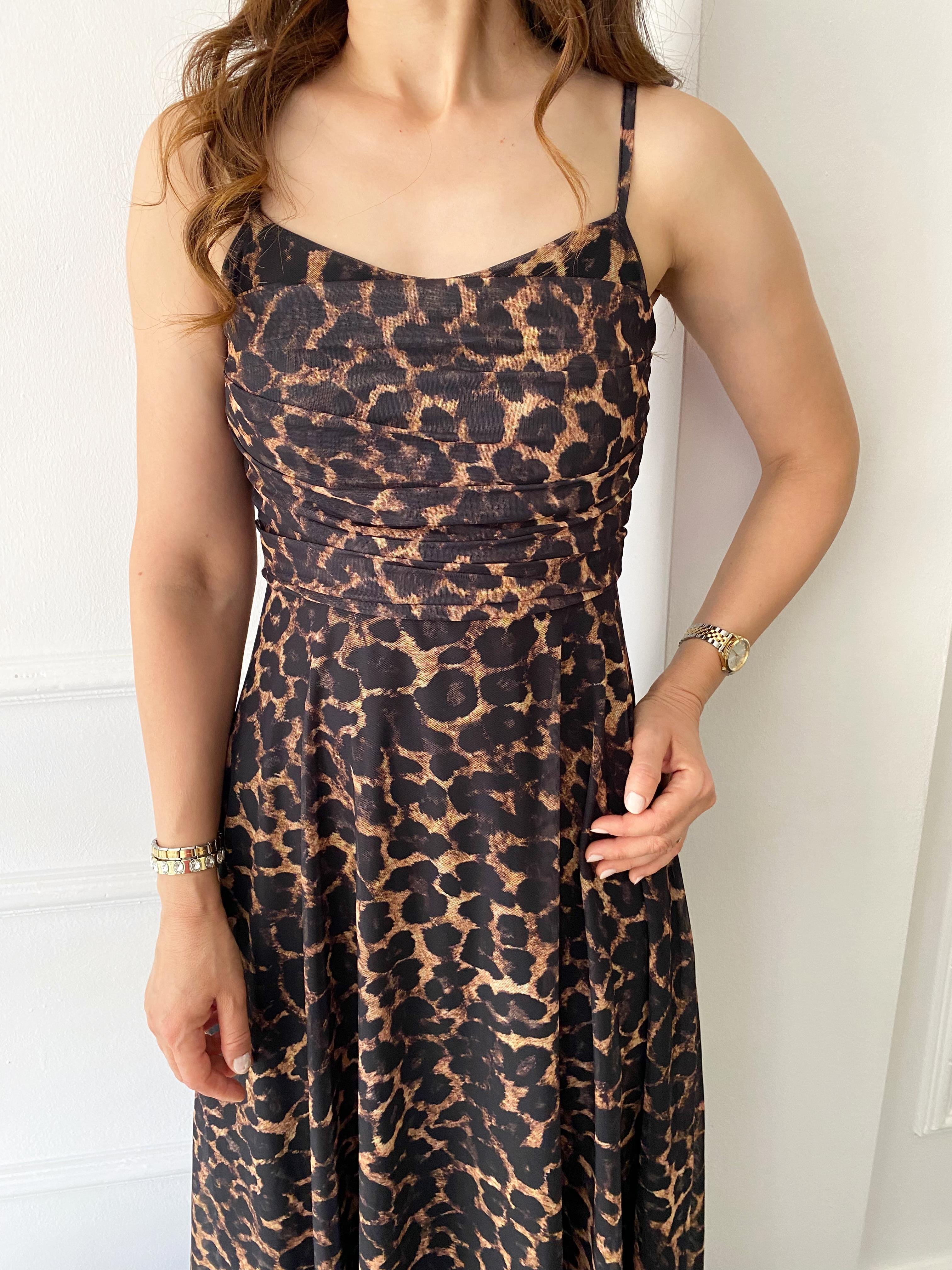 Önü Drape Detaylı İp Askılı Elbise Leopar
