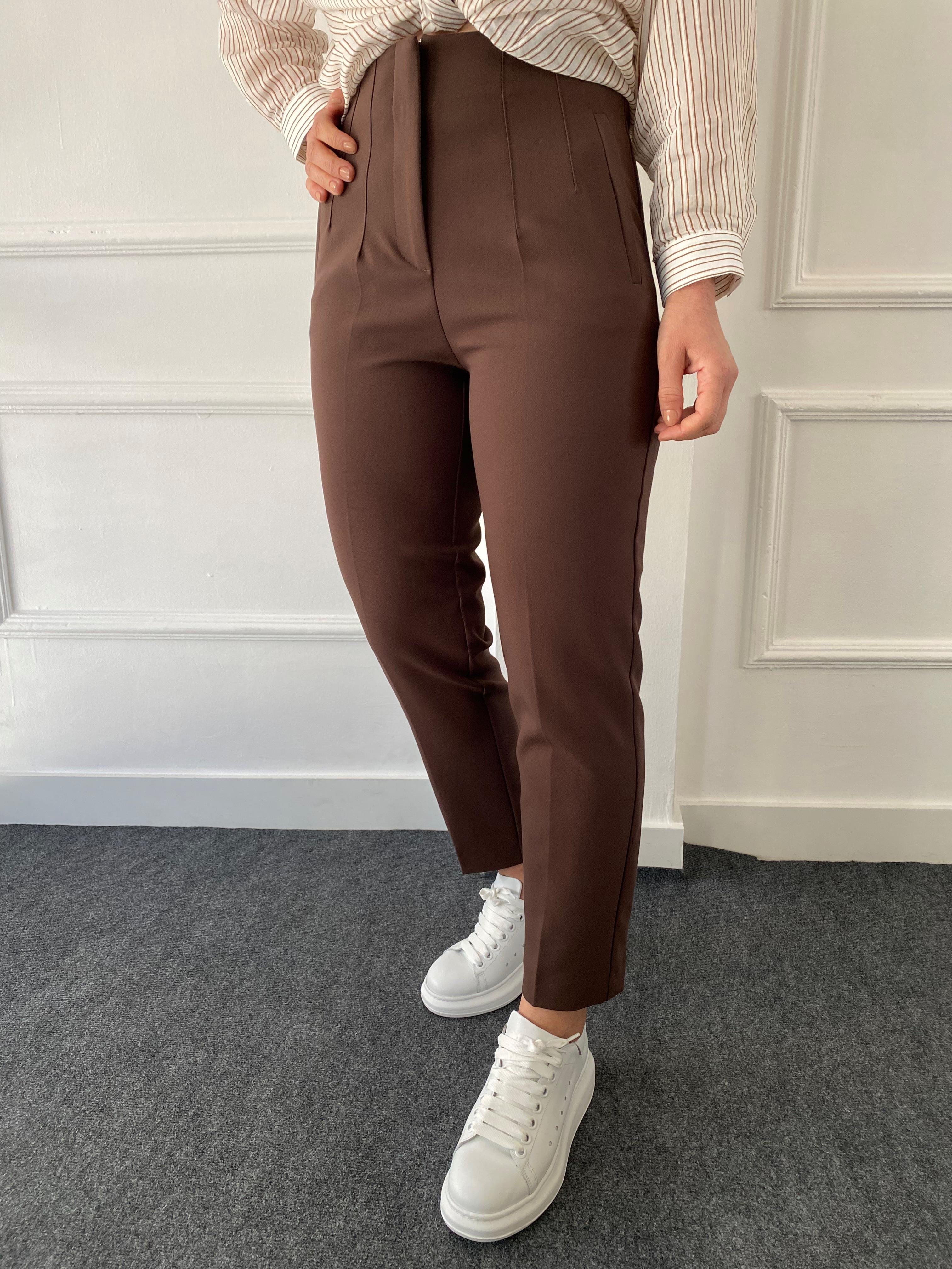 Önü Flotalı Pantolon Acı Kahve
