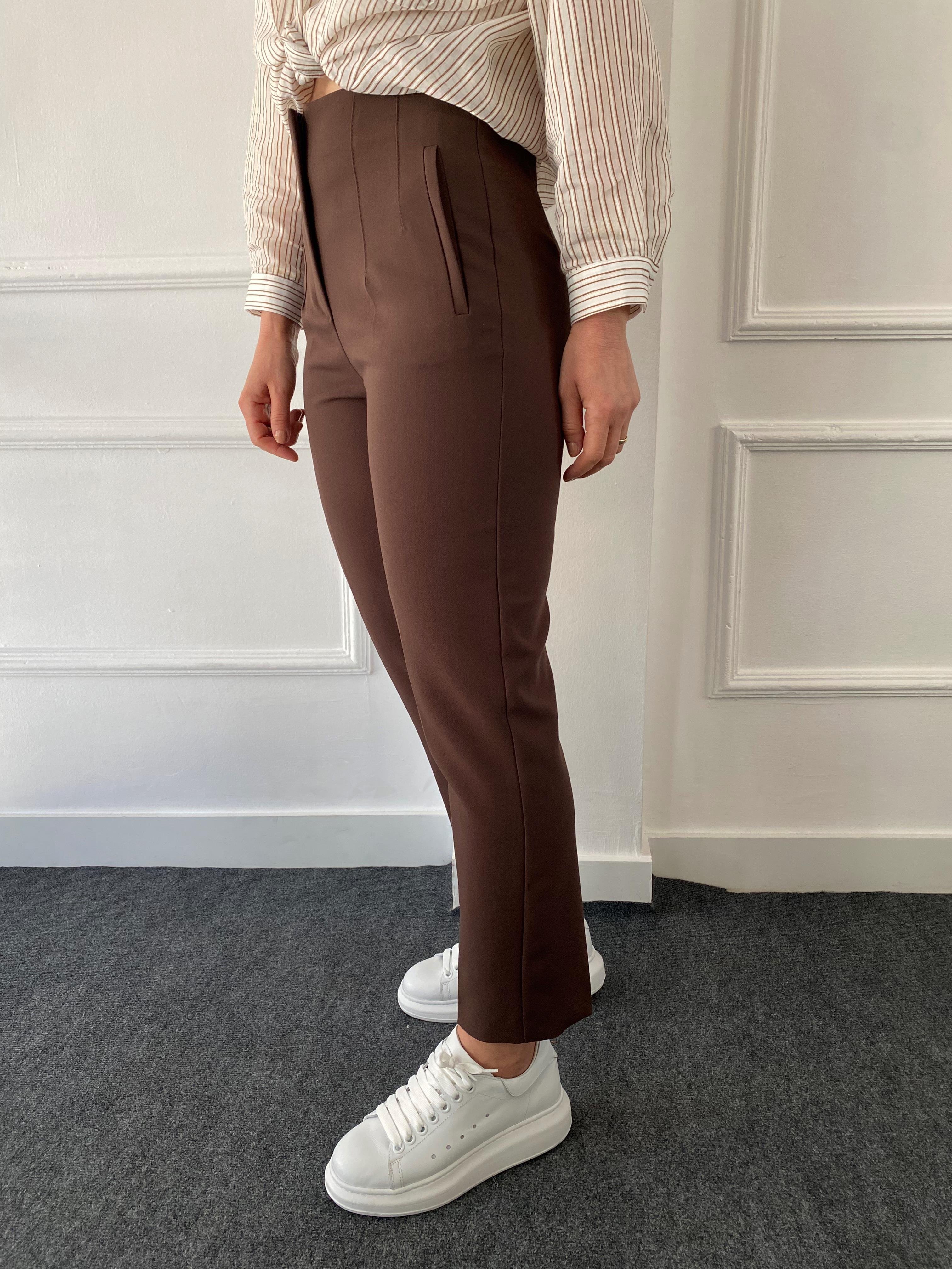 Önü Flotalı Pantolon Acı Kahve