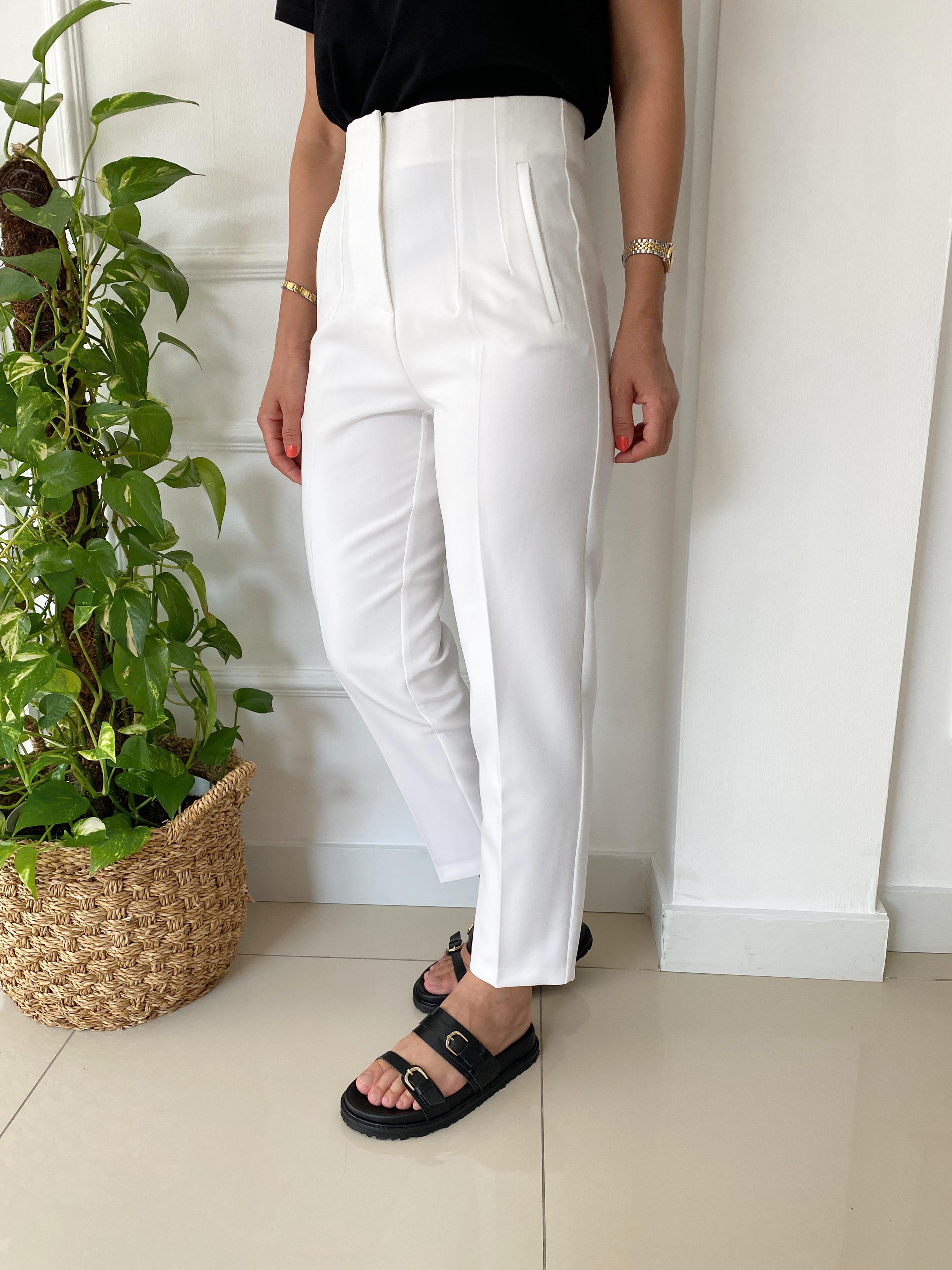 Önü Flotalı Pantolon Beyaz