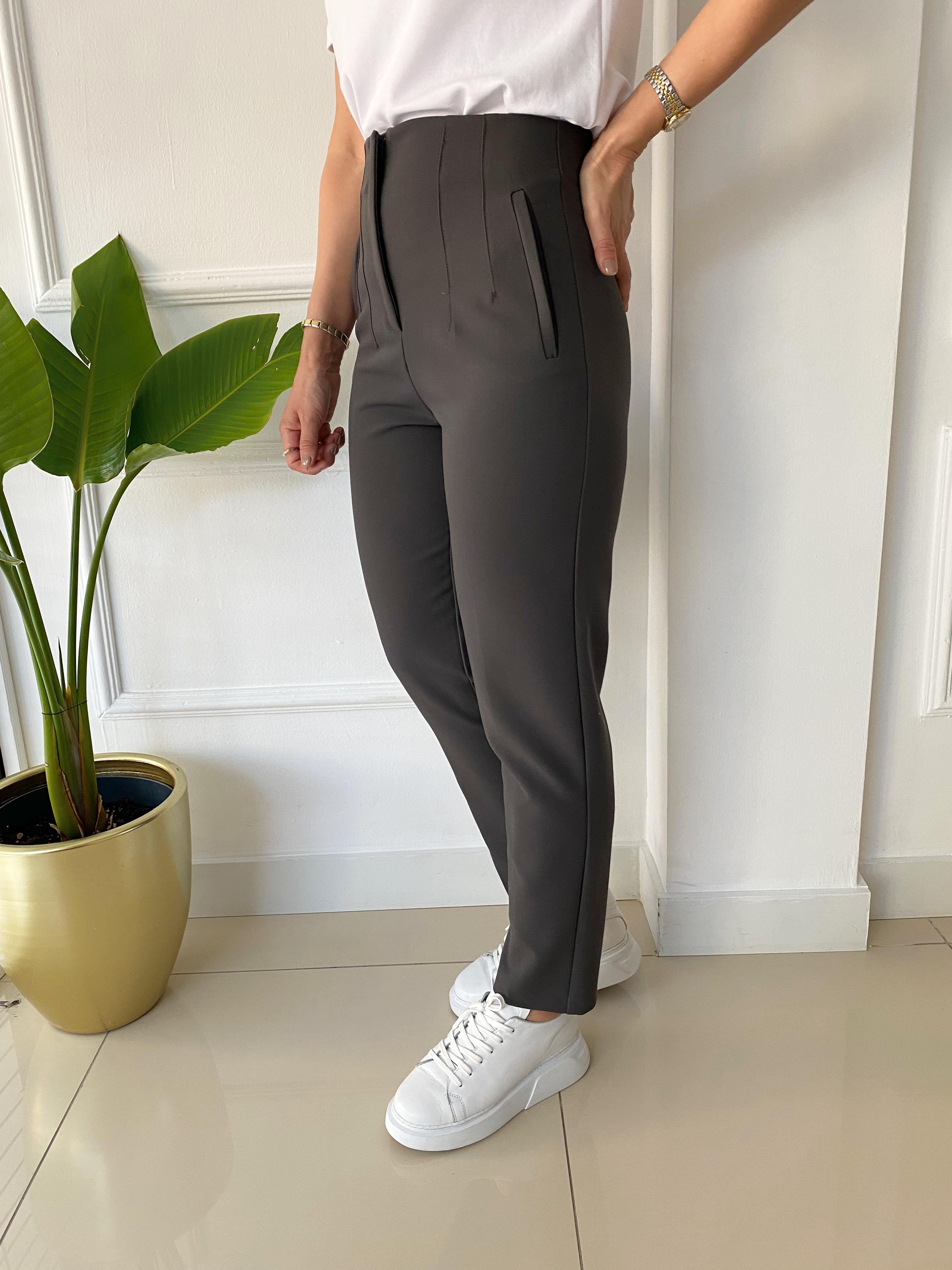 Önü Flotalı Pantolon Gri