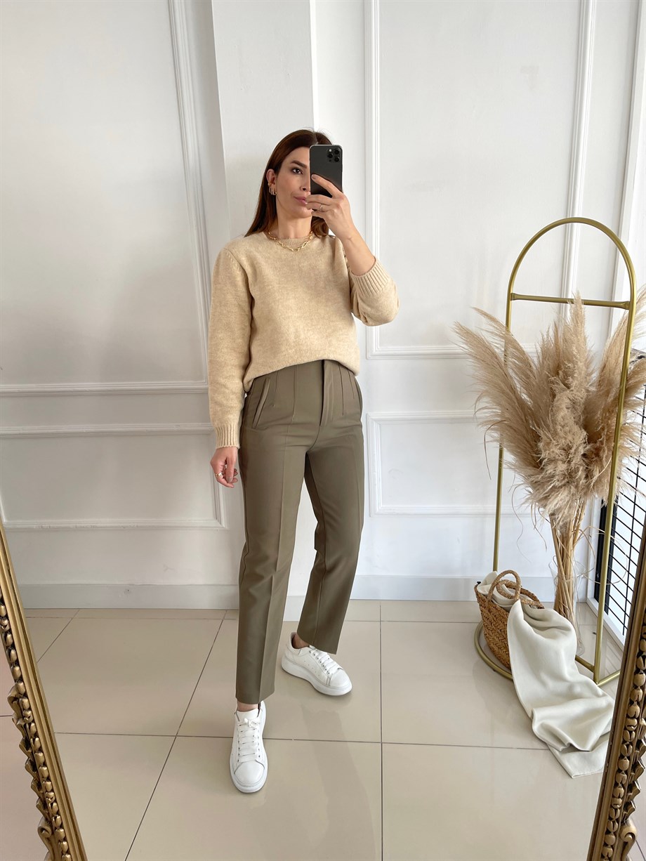 Önü Flotalı Pantolon Yeşil
