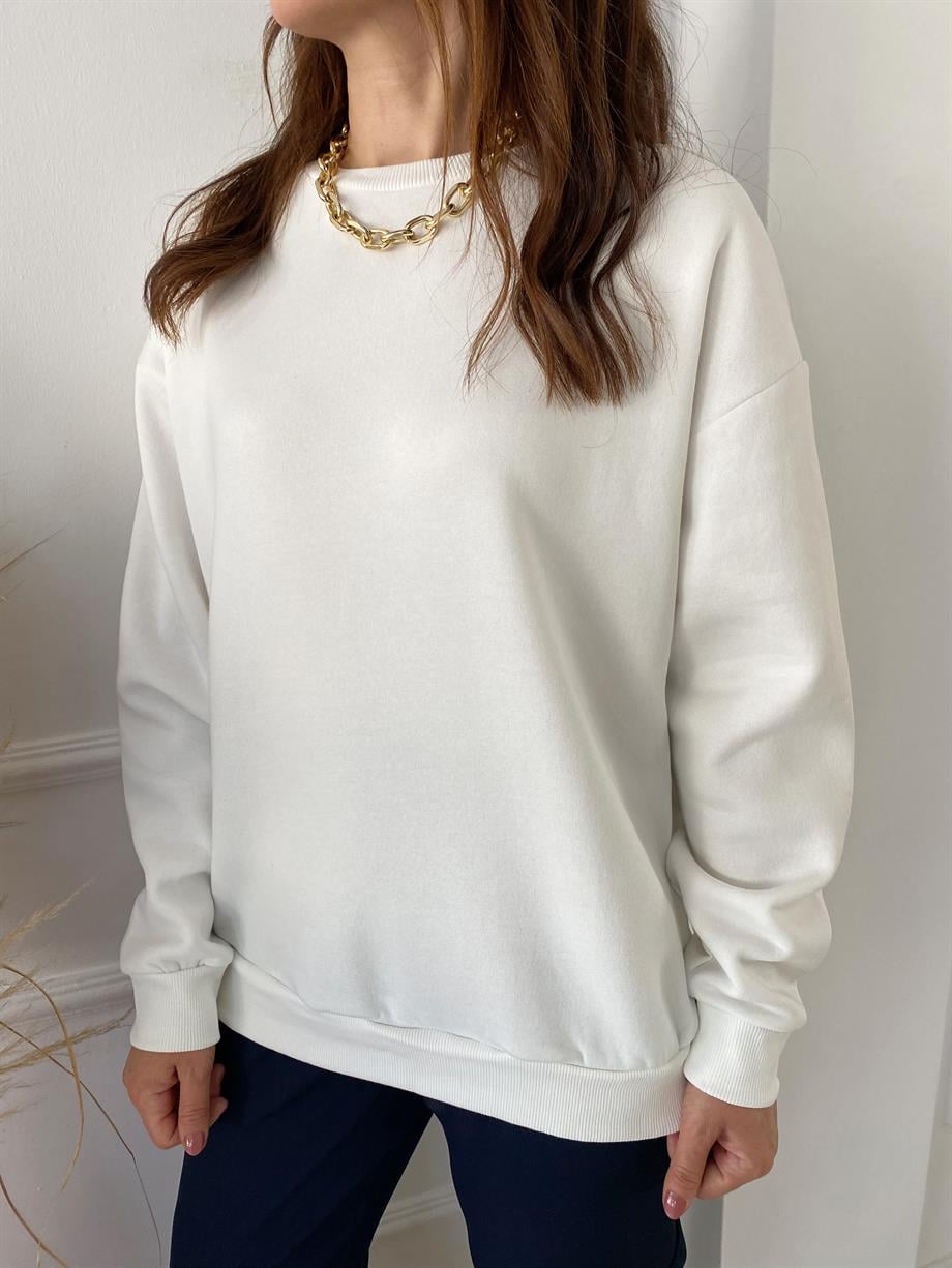 Orj. Marka İçi Şardonlu Sweat Beyaz