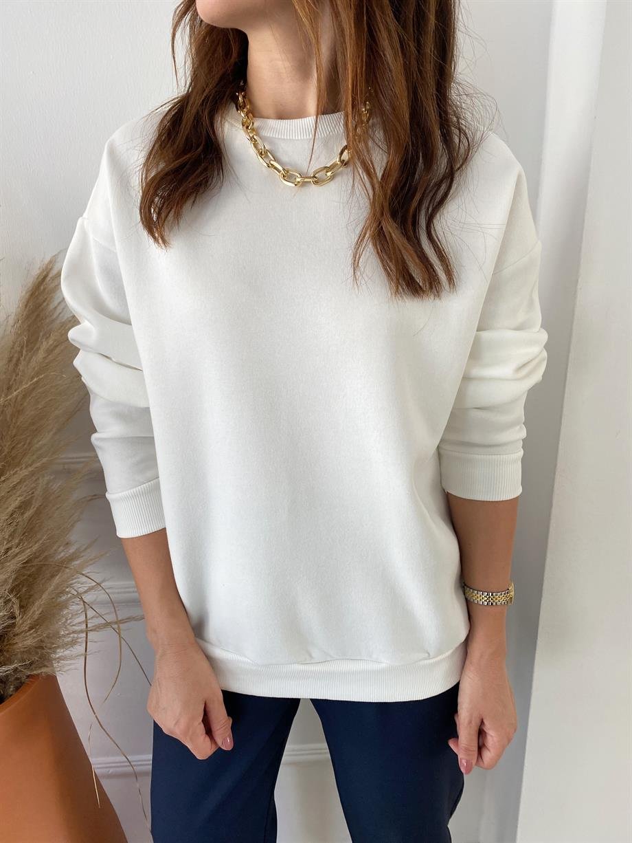 Orj. Marka İçi Şardonlu Sweat Beyaz