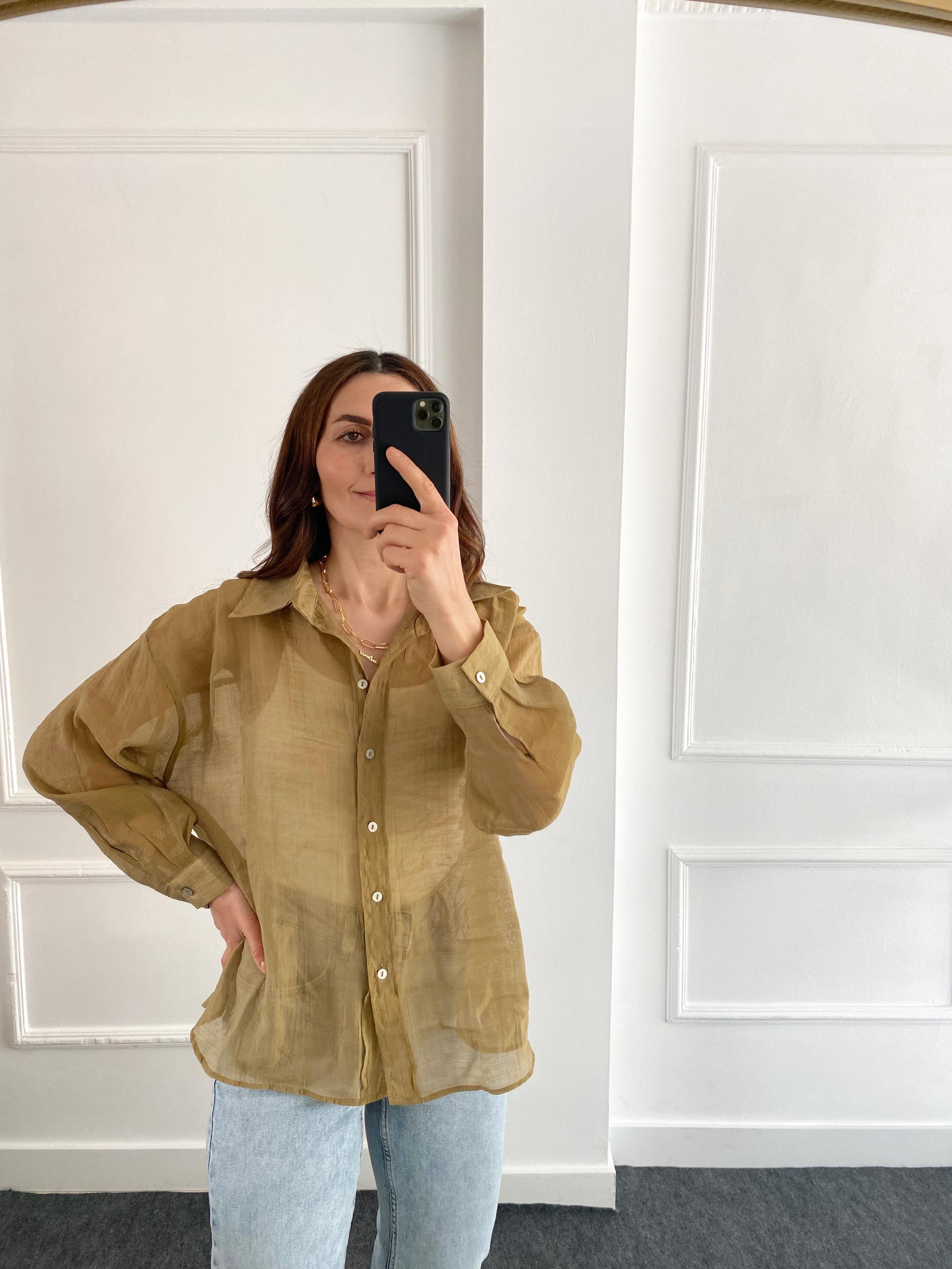 Oversize İpeksi Gömlek Yağ Yeşil