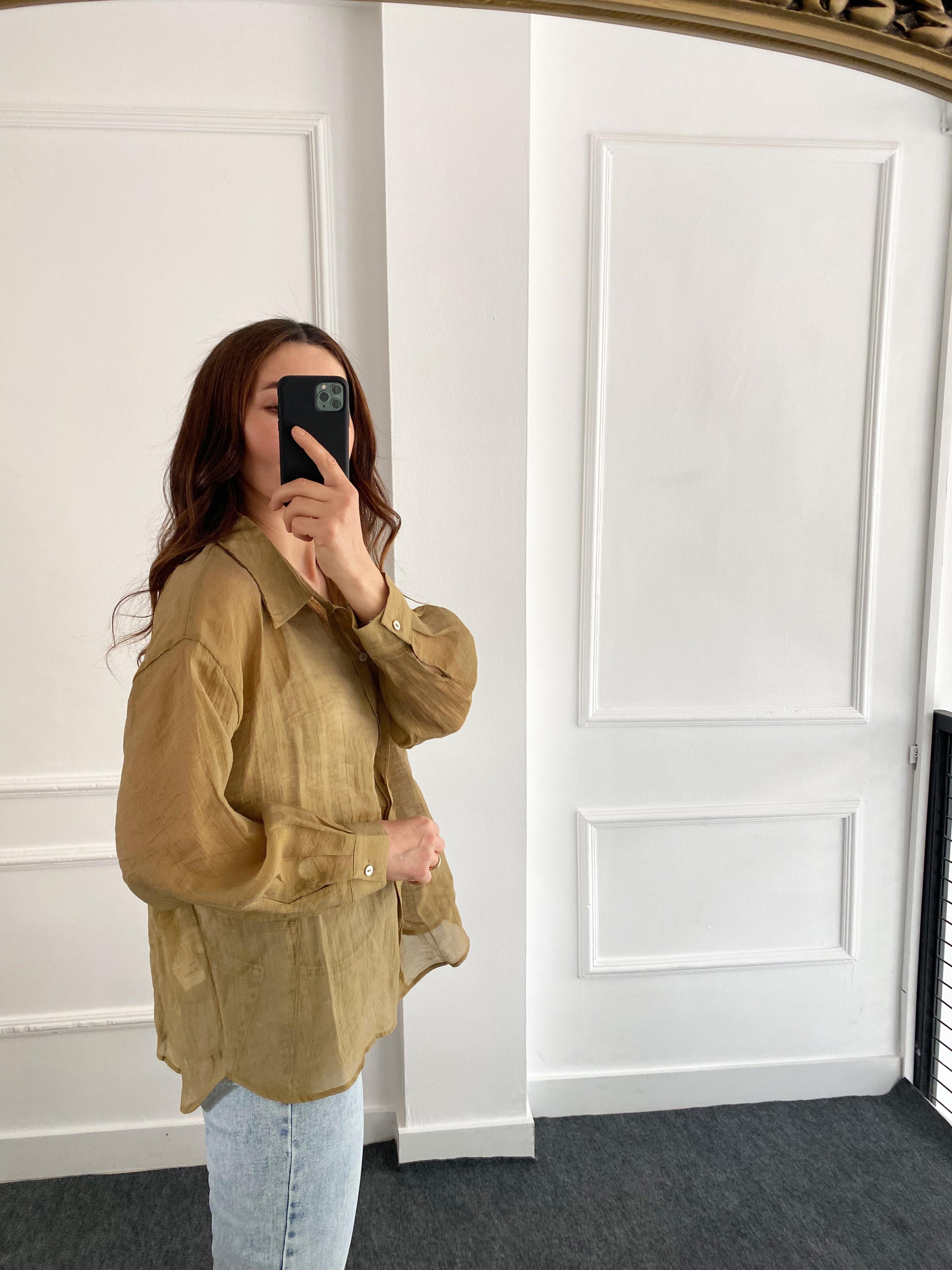 Oversize İpeksi Gömlek Yağ Yeşil