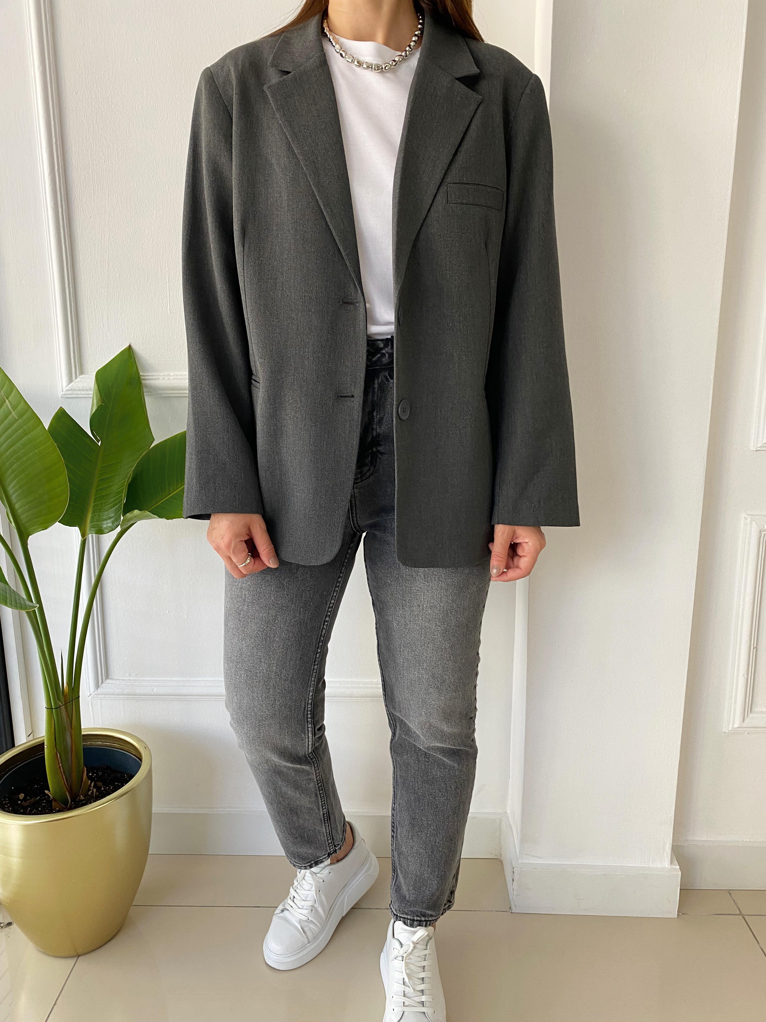 Owersize Blazer Ceket Gri