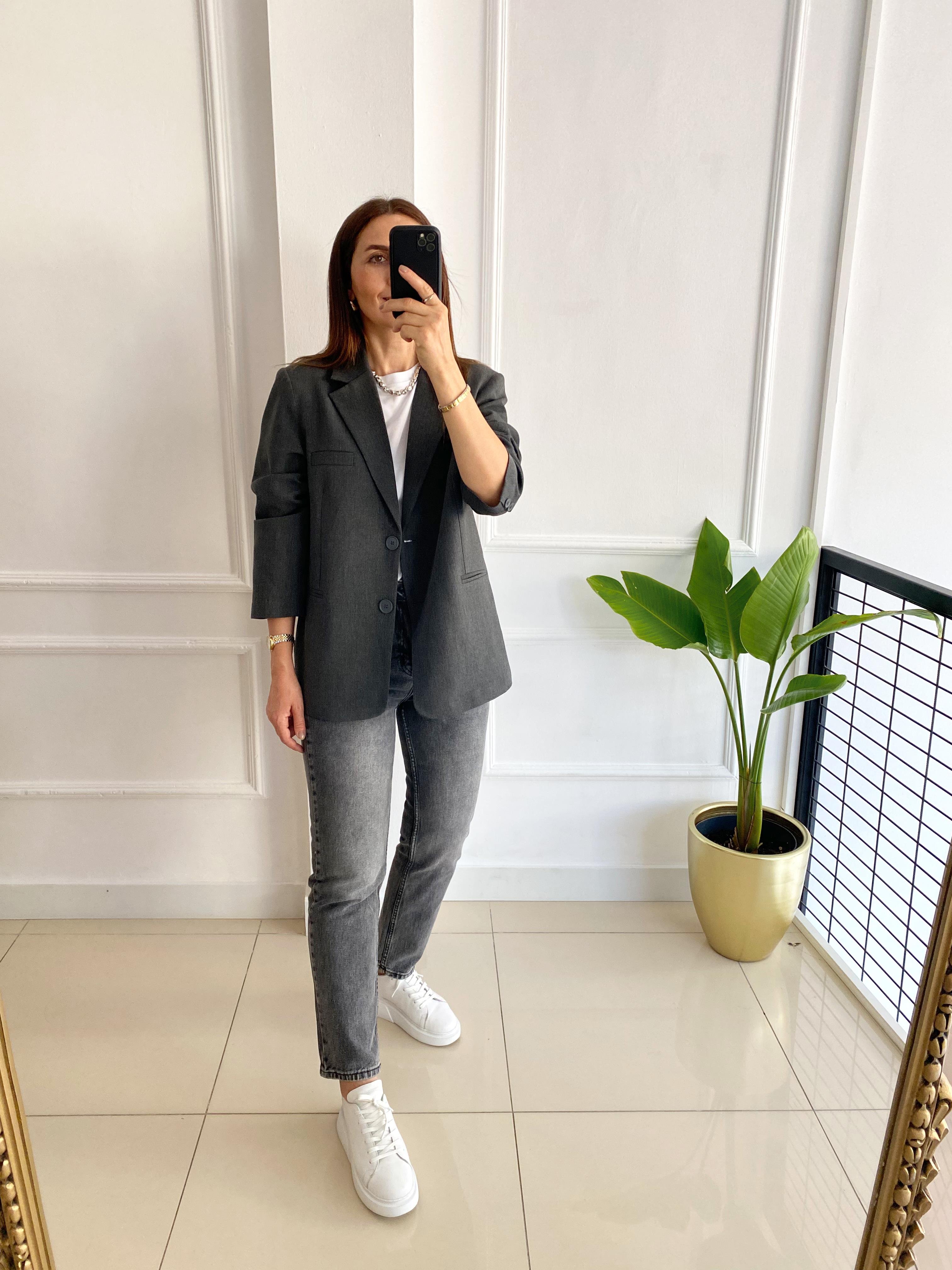 Owersize Blazer Ceket Gri