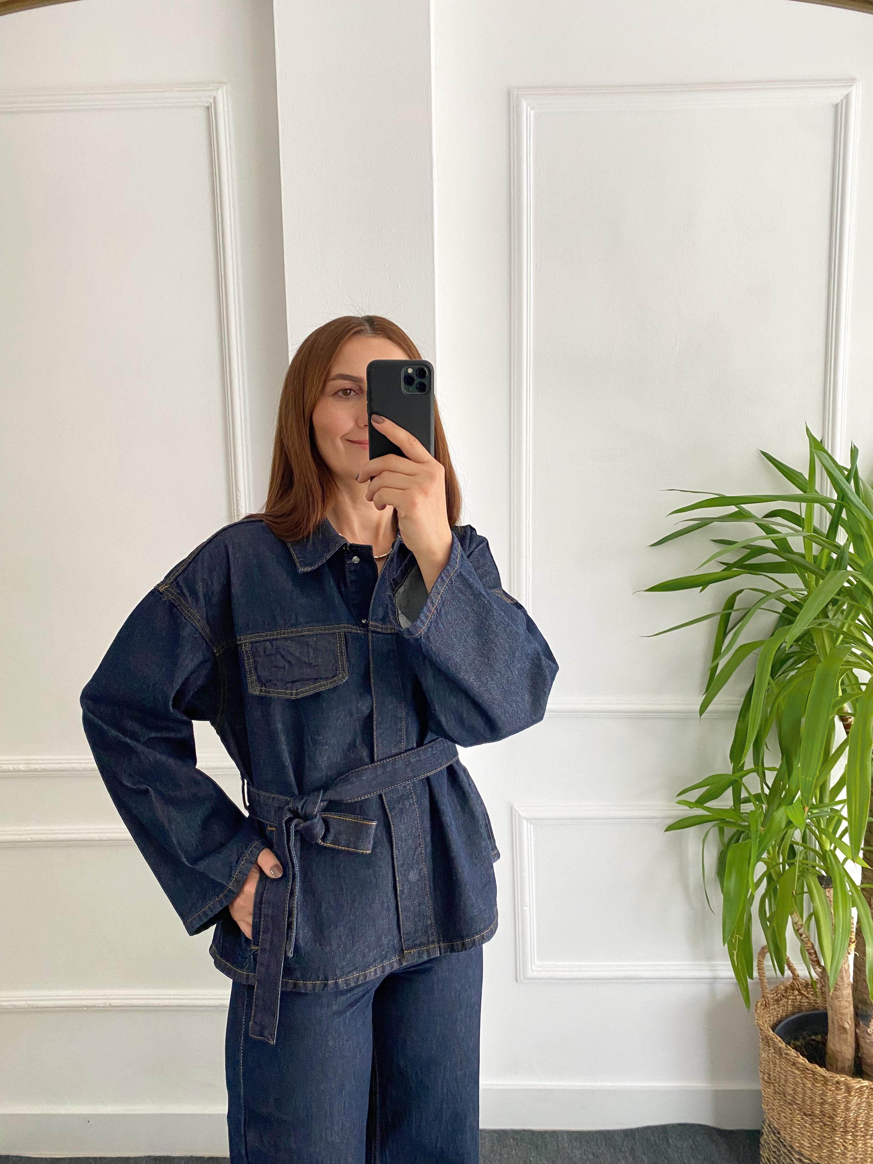 Patlı Yaka Denim Gömlek Ceket Lacivert