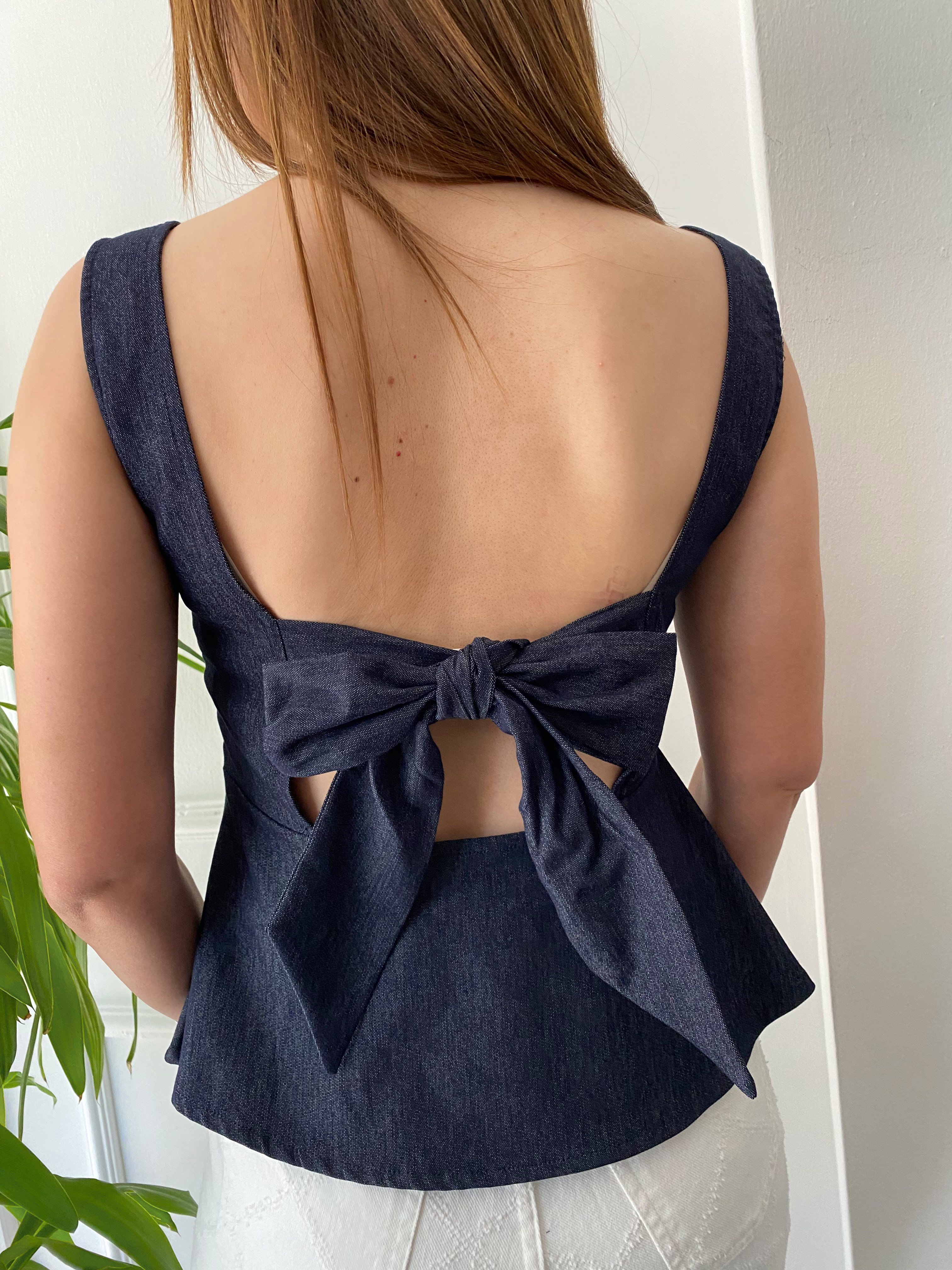 Sırt Bağlamalı Tensel Denim Bluz Lacivert