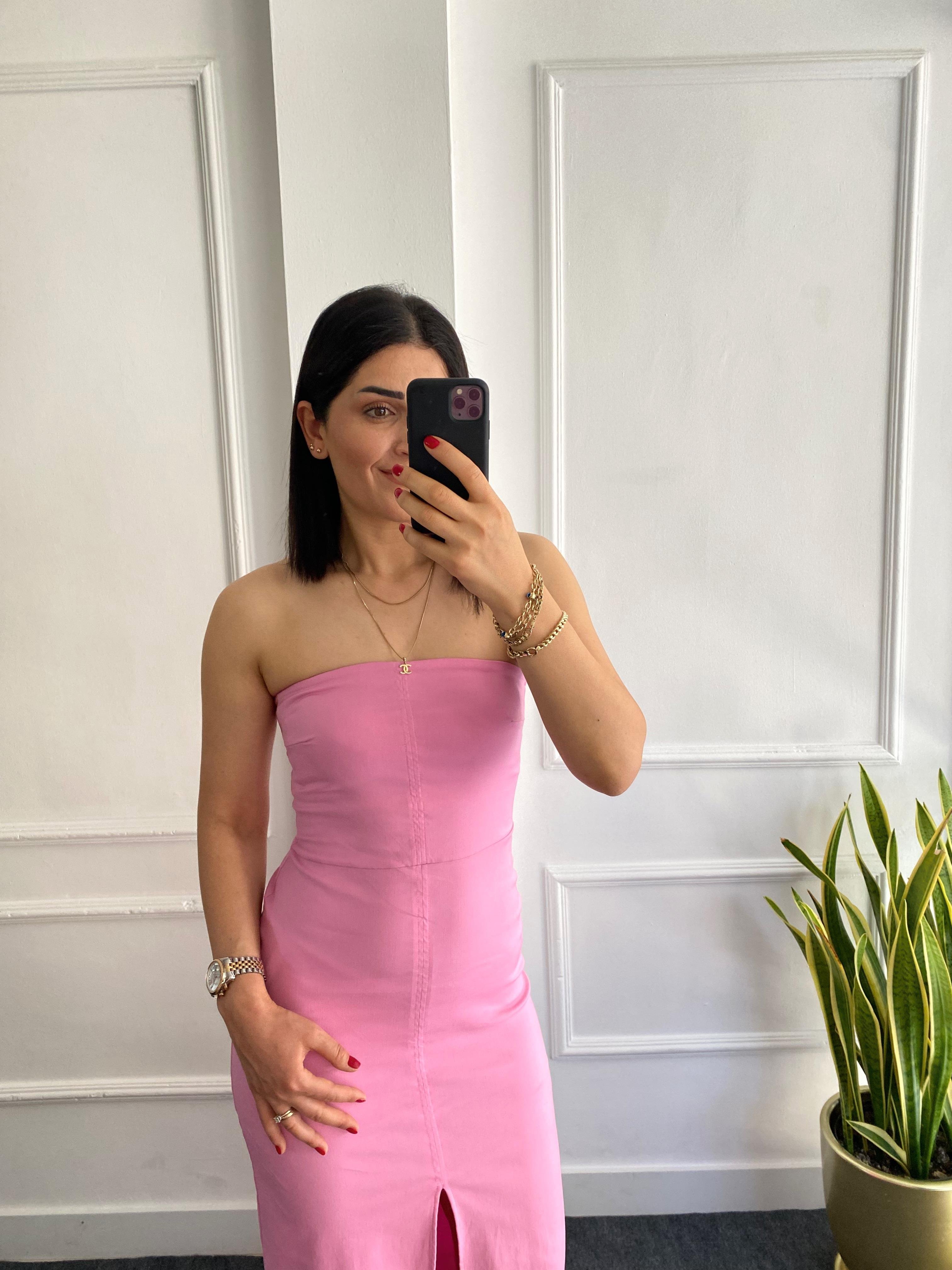 Straplez Önden Yırtmaçlı Elbise Pembe