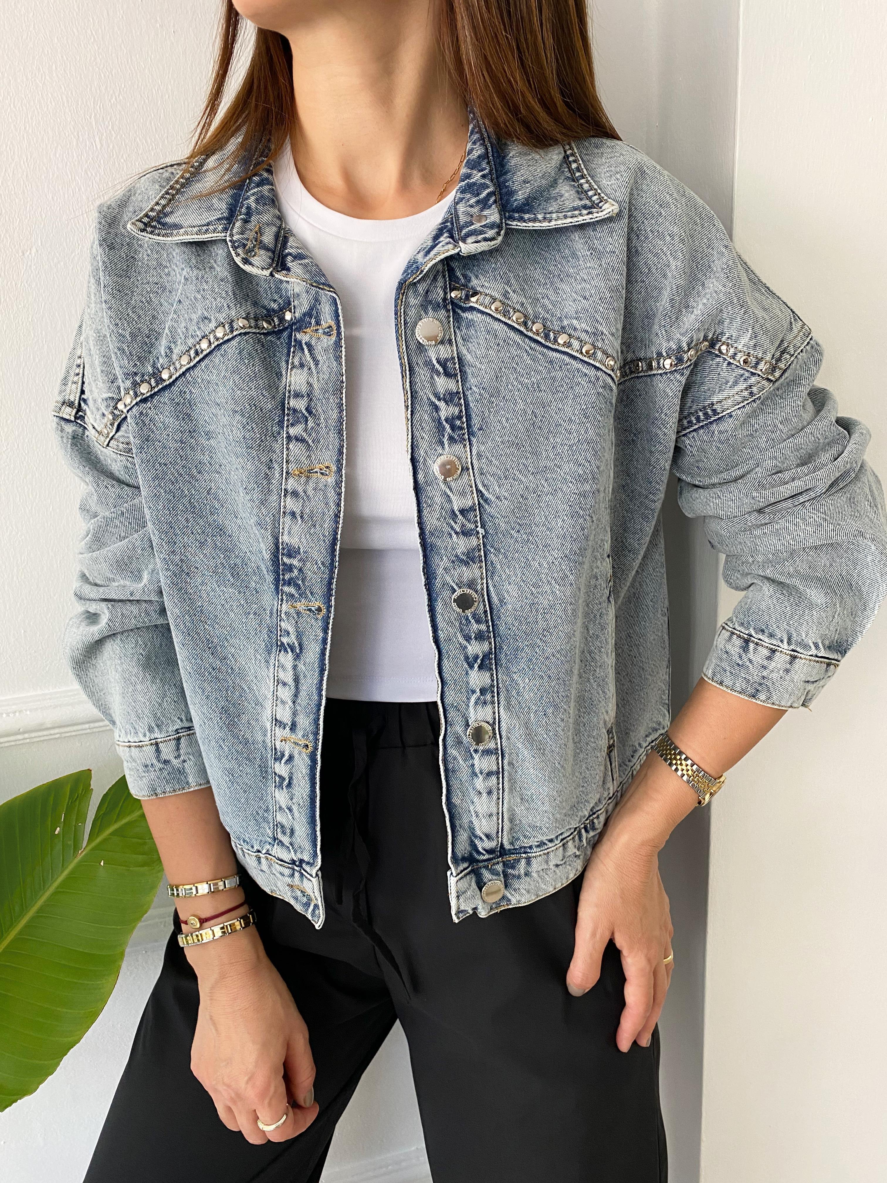 Taş Detaylı Denim Ceket Mavi
