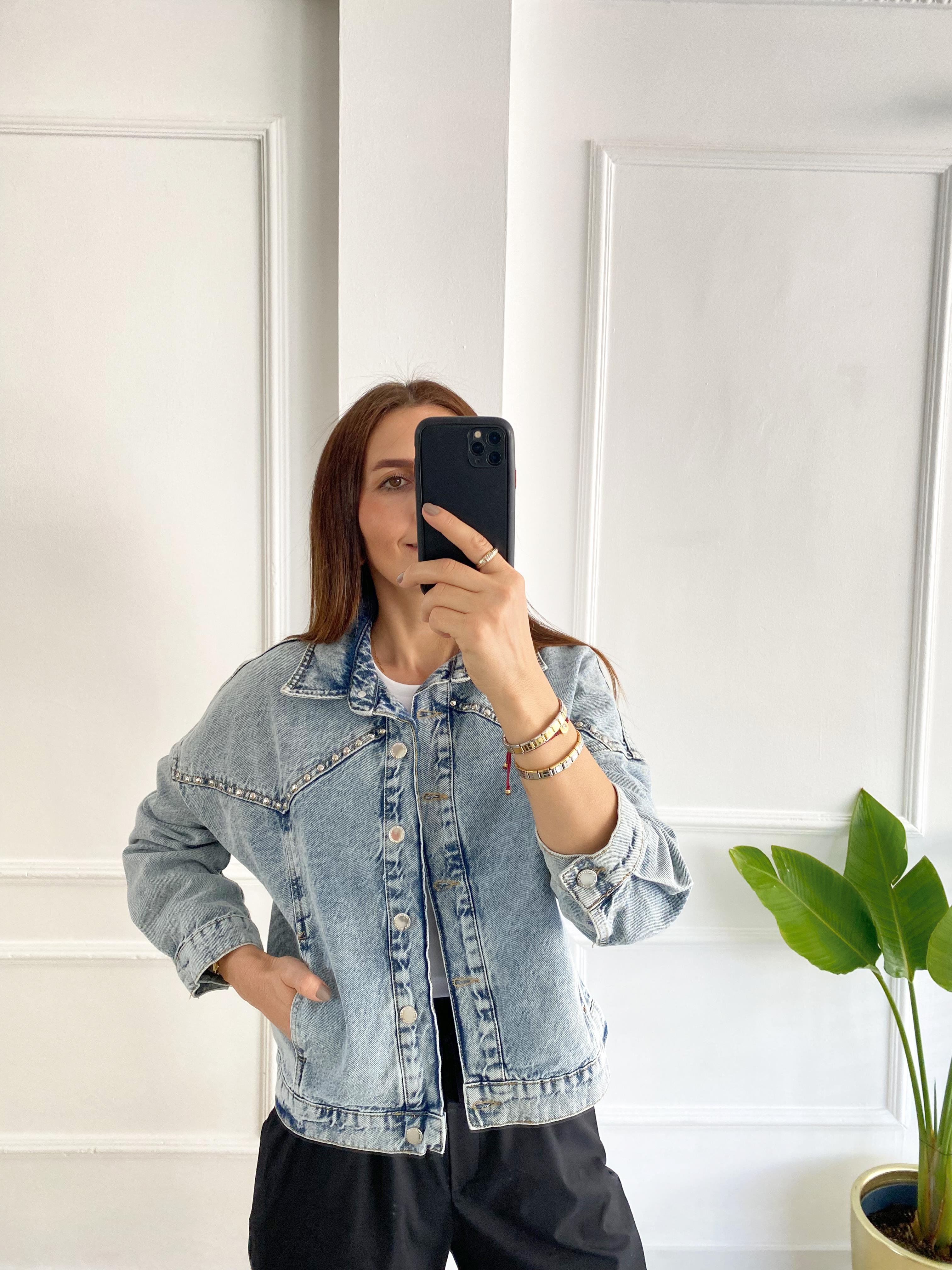 Taş Detaylı Denim Ceket Mavi
