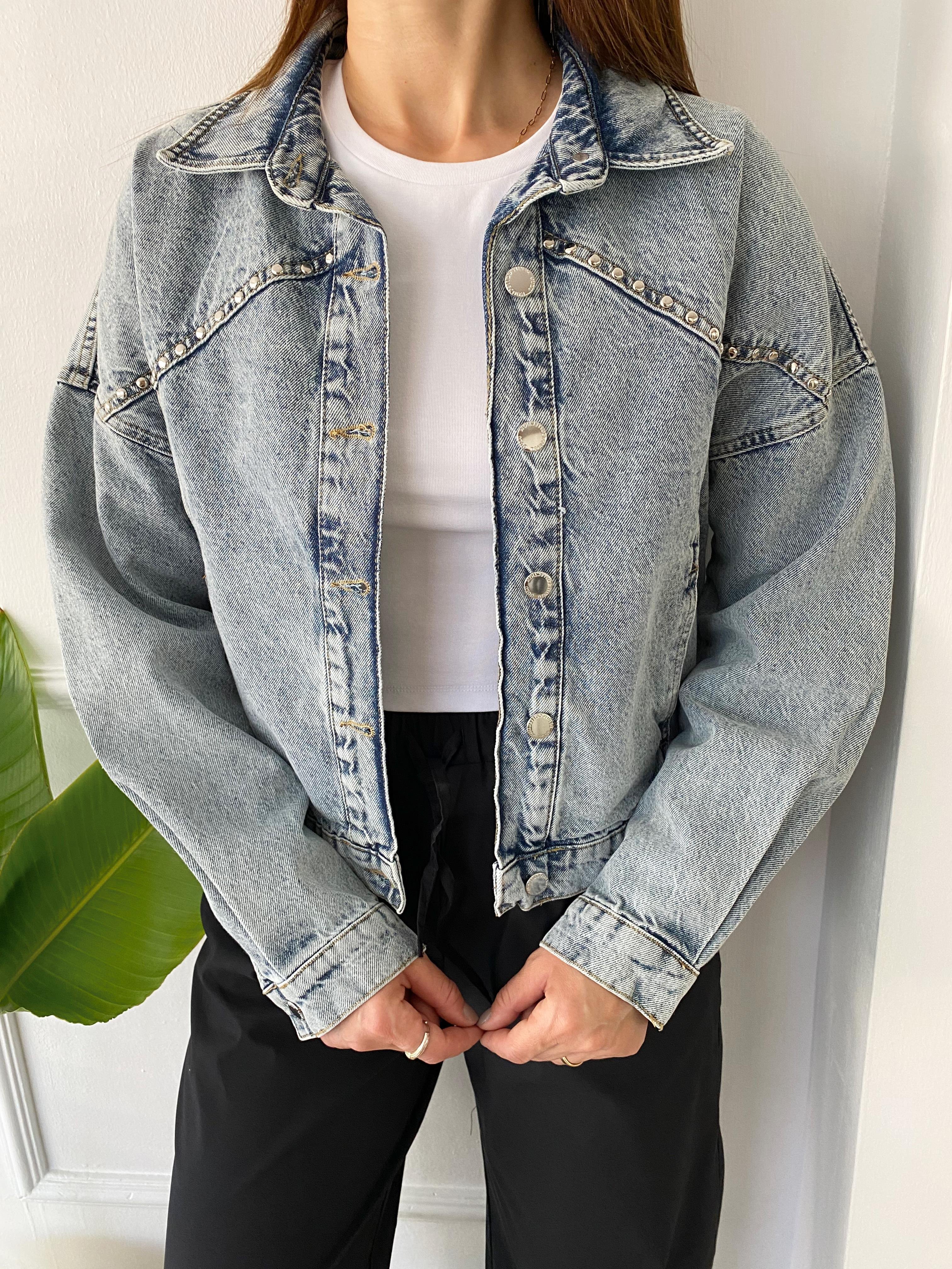 Taş Detaylı Denim Ceket Mavi