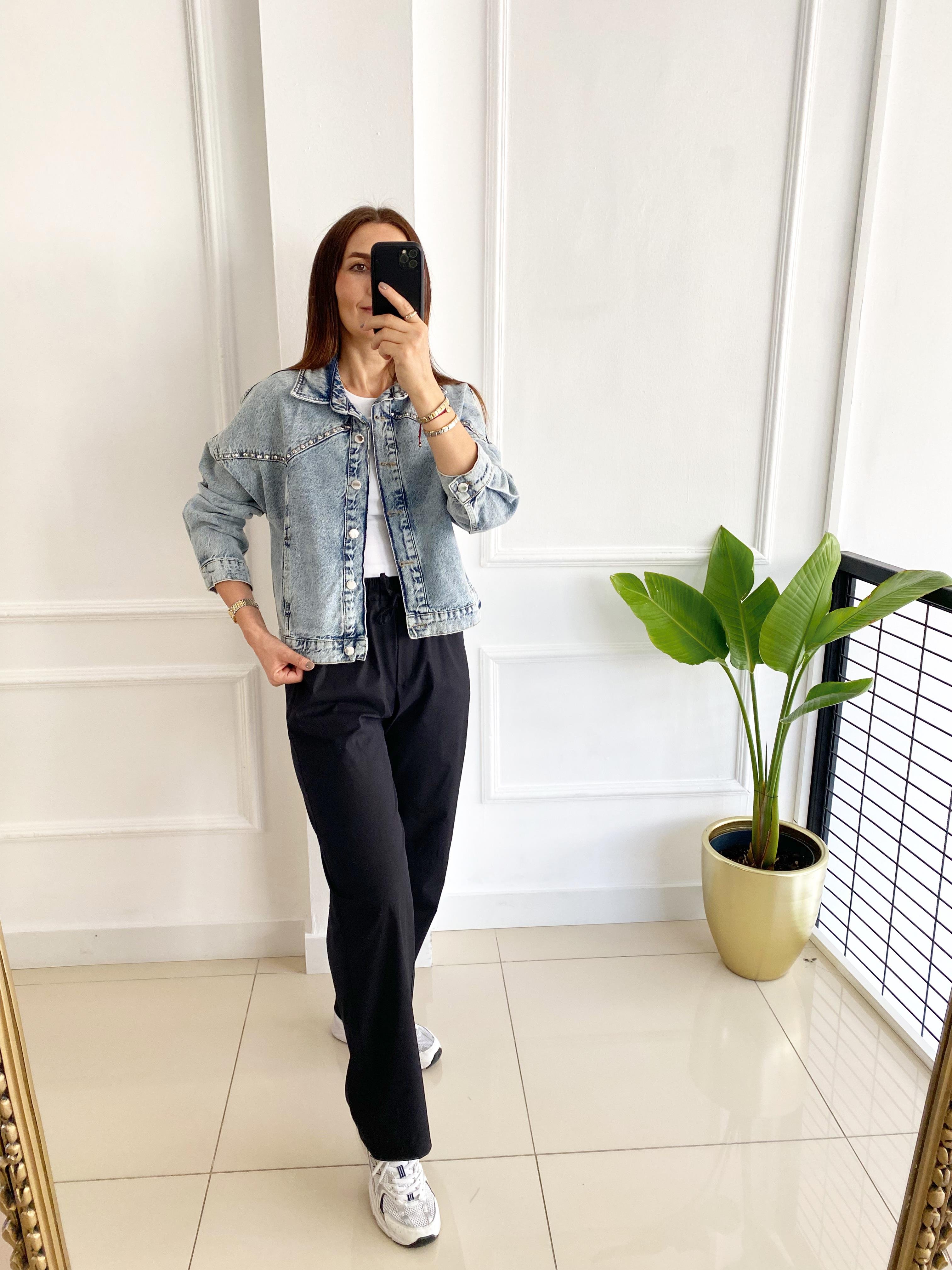 Taş Detaylı Denim Ceket Mavi