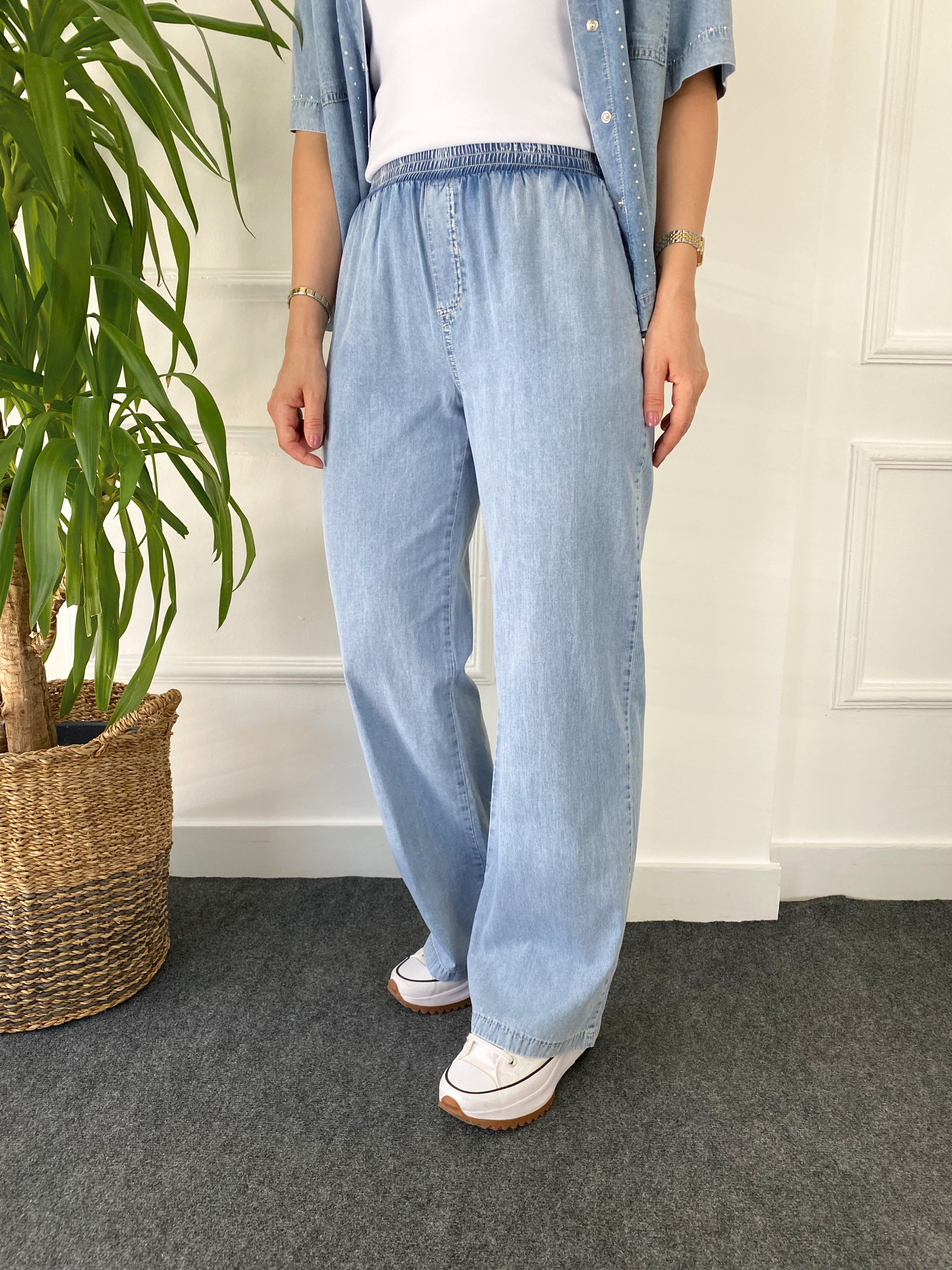 Taş Detaylı Denim Gömlek Takım Buz Mavi